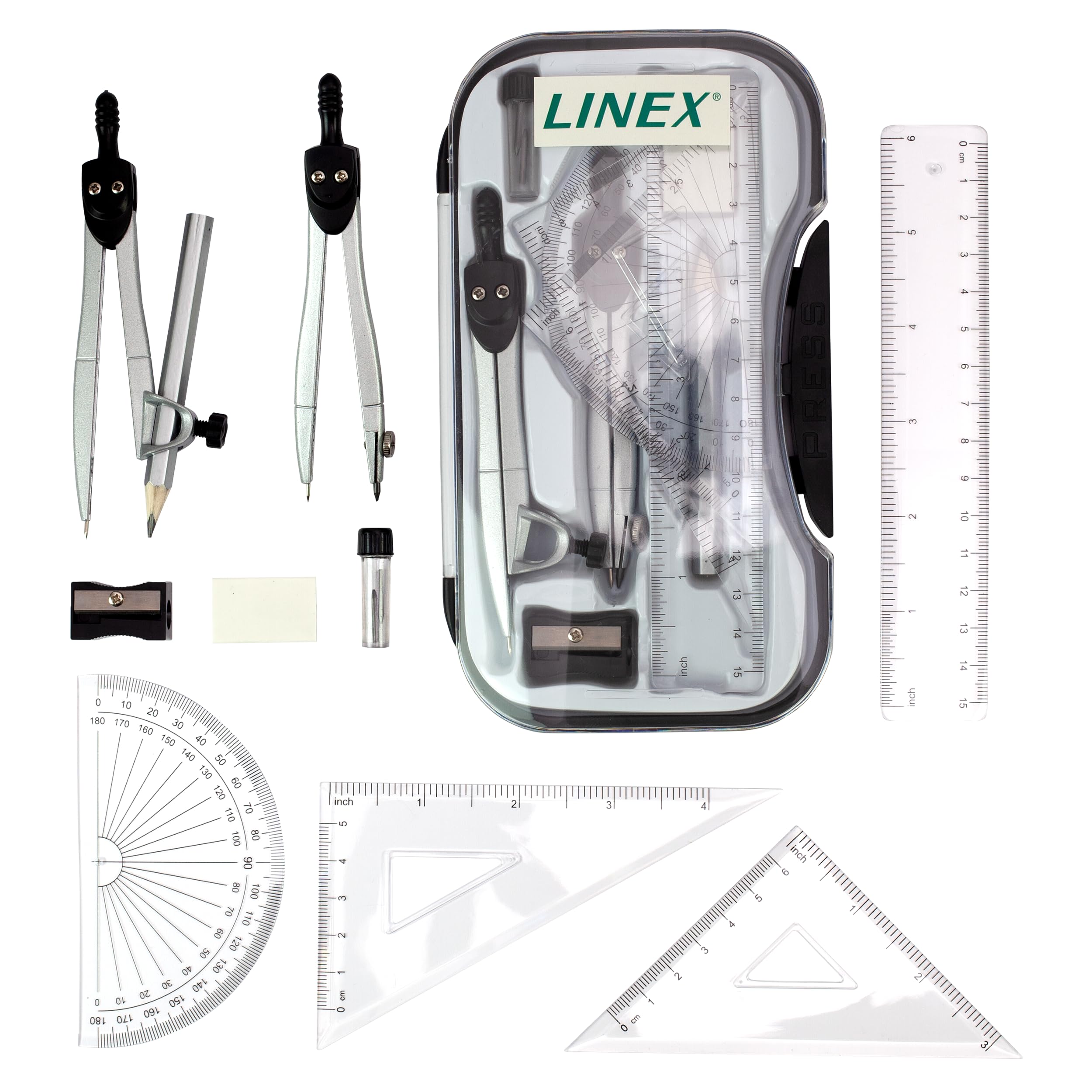 Linex 10-Piece Maths Geometry Set with Transparent Case | Exam Ready