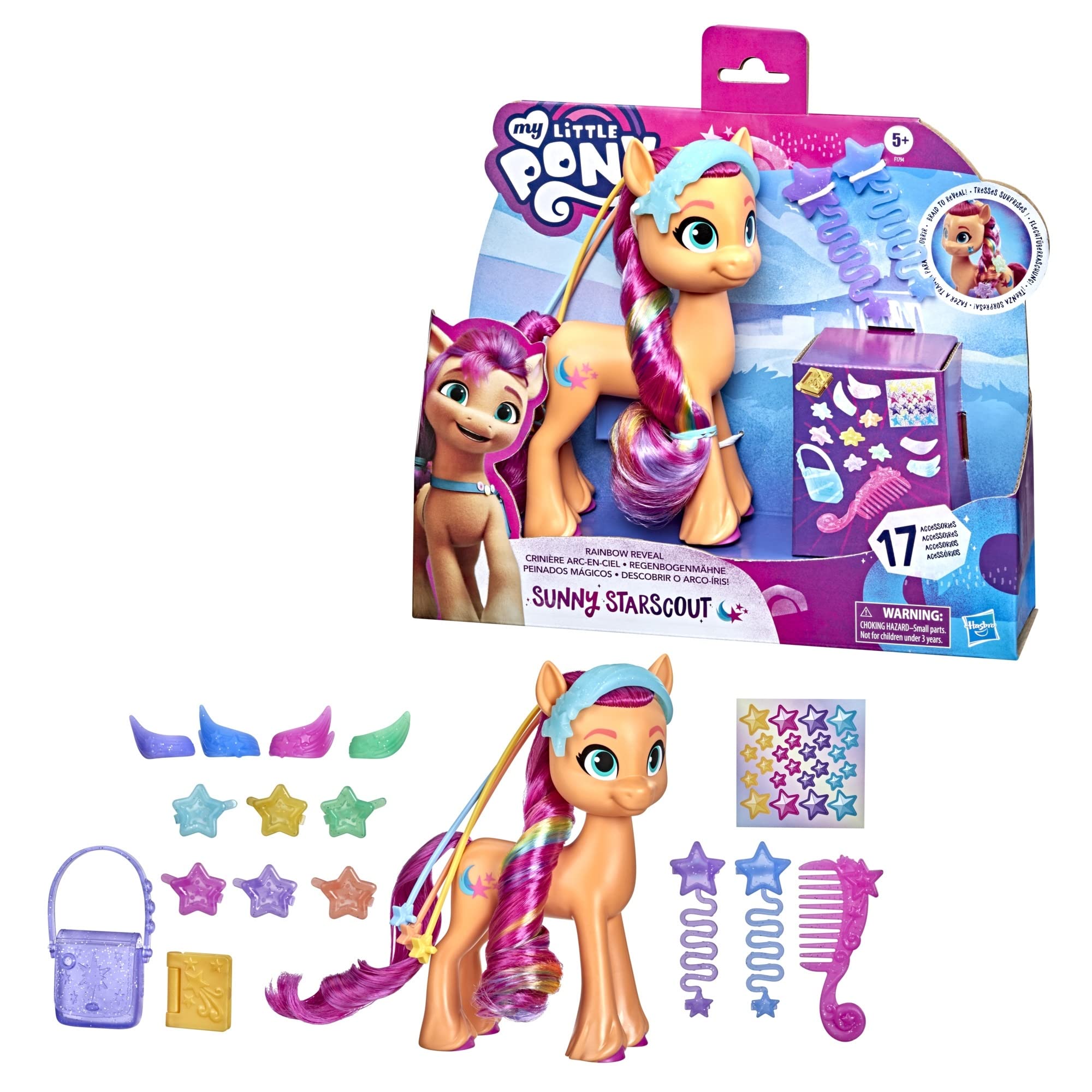 My Little Pony Rainbow Reveal Sunny Starscout - 6-Inch Orange Pony Toy with Rainbow Braid | 17 Accessories