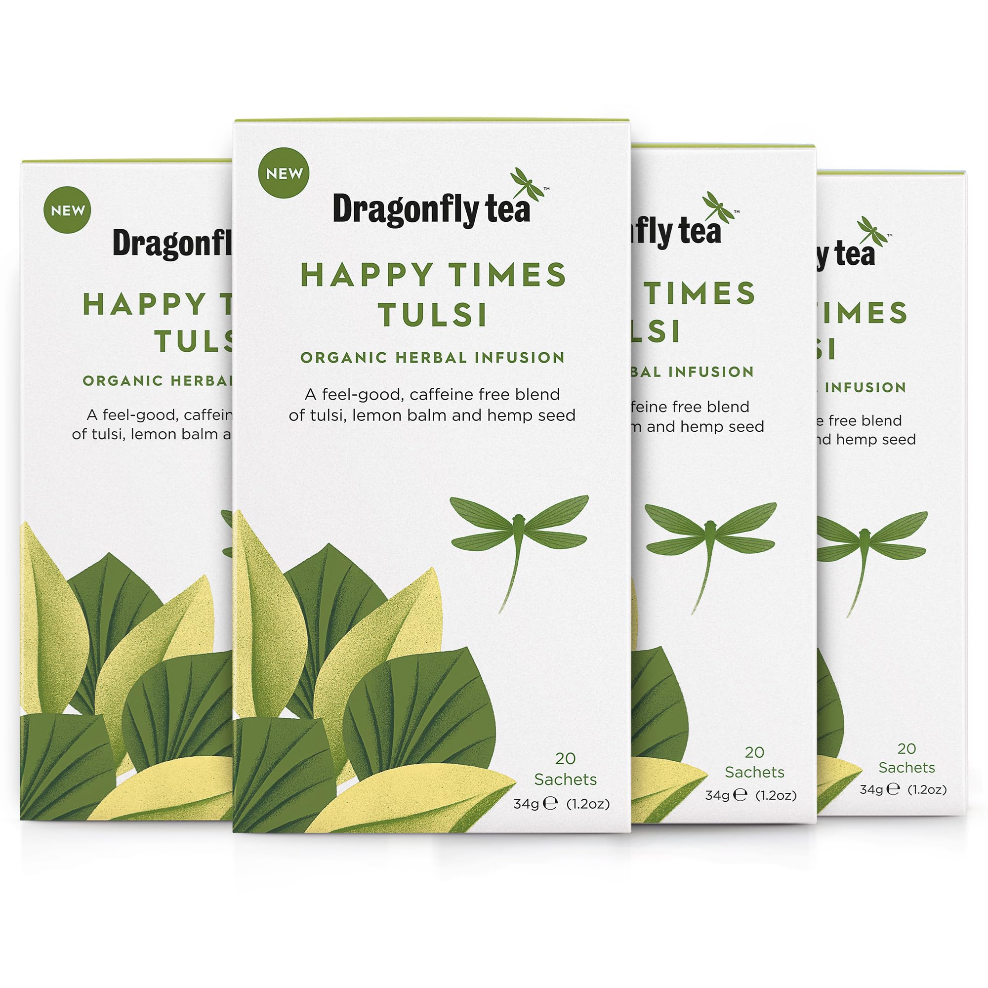 DRAGONFLY Happy Times Organic Tulsi Tea - Uplifting Blend | 80 Compostable Bags (4 Pack)