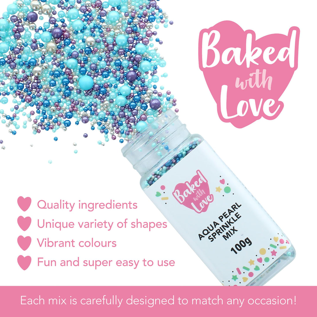 Baked with Love - Aqua Pearl Sprinkles Blue, Purple, Silver Sugar Cake Decorations 100g