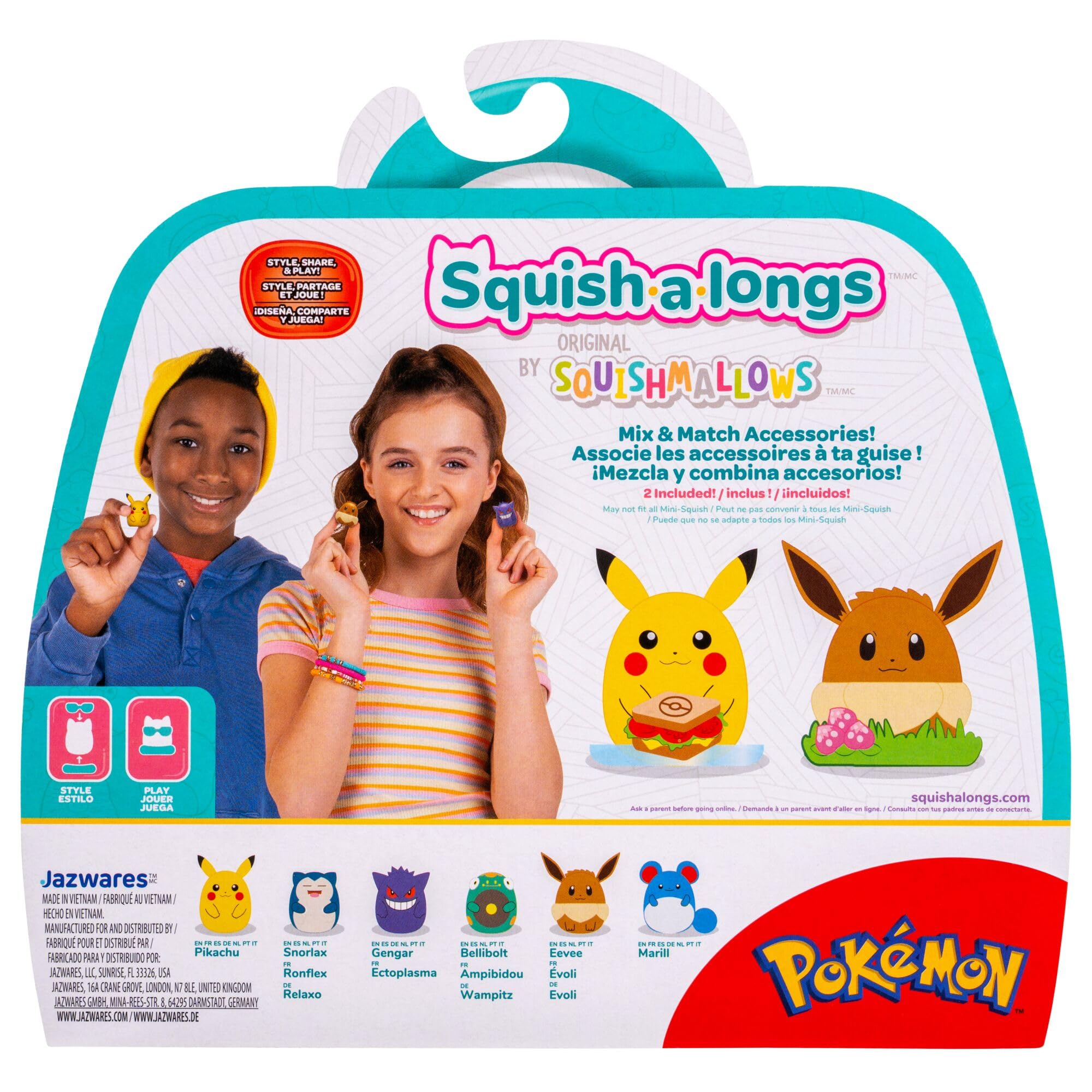 Squish-a-longs Pokémon Mini-Squish 6-Pack (Pikachu, Gengar, Snorlax, Eevee) | Plastic Collectibles | Age 6+ 7