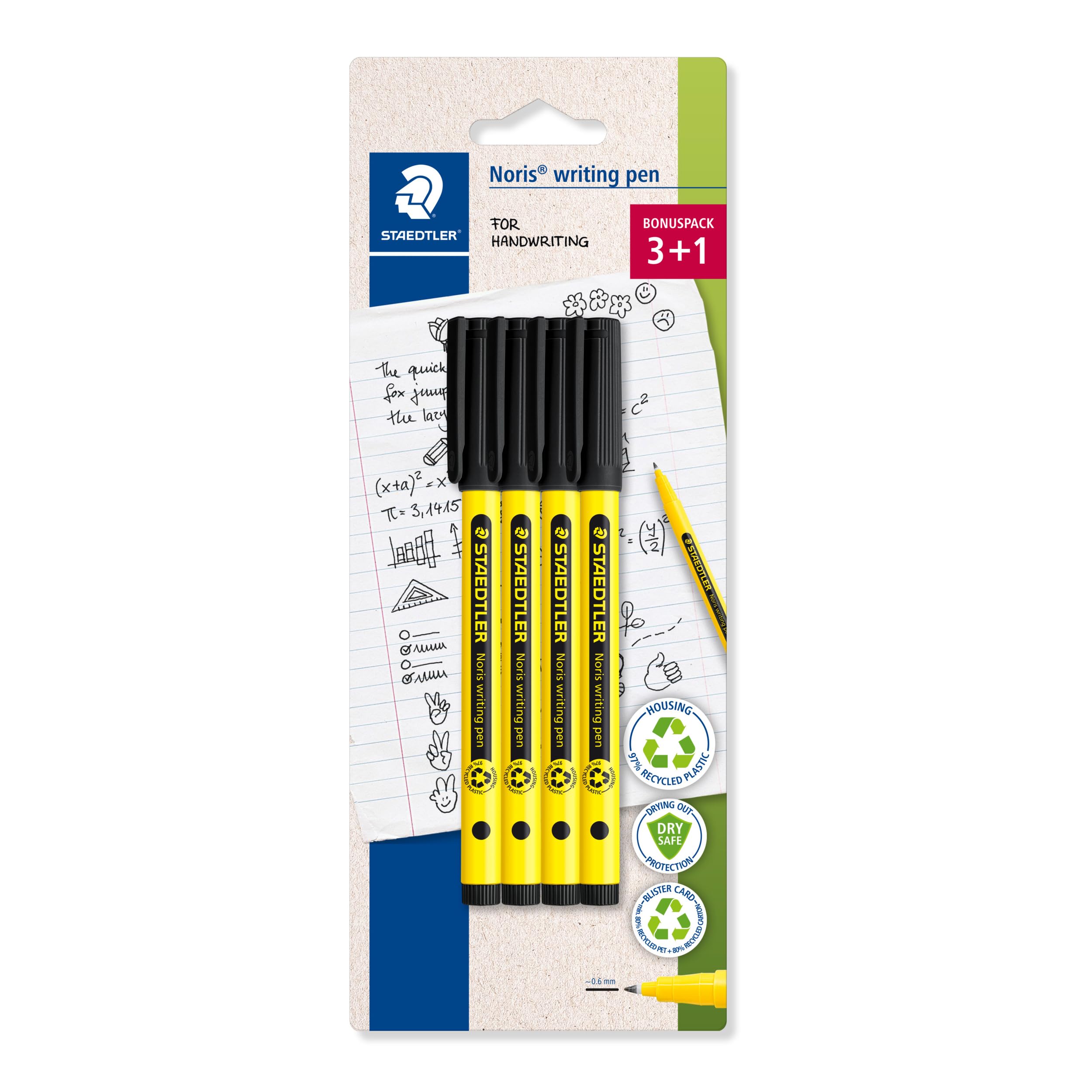 STAEDTLER Noris Handwriting Pen - Black | 0.6mm Fineliner Tip | Pack of 4