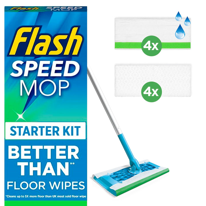 Flash Speedmop Floor Cleaner Starter Kit (1 Handle + 4 Wet & 4 Dry Refills) - Fast, Easy & Hygienic Cleaning for Hard Floors