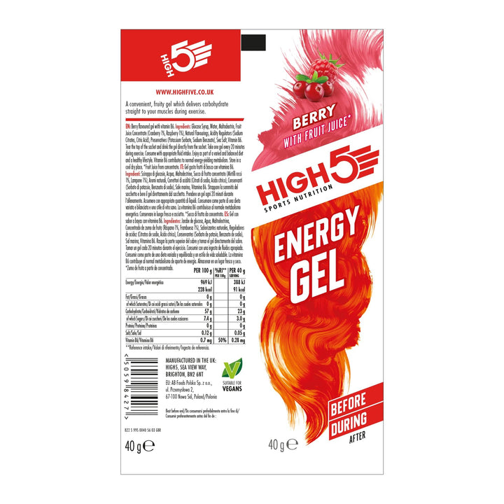 HIGH5 Energy Gels - Quick Release Sports Gels for Peak Performance - Natural Fruit Juice, Caffeine-Free - Berry Flavor (20 x 40g)