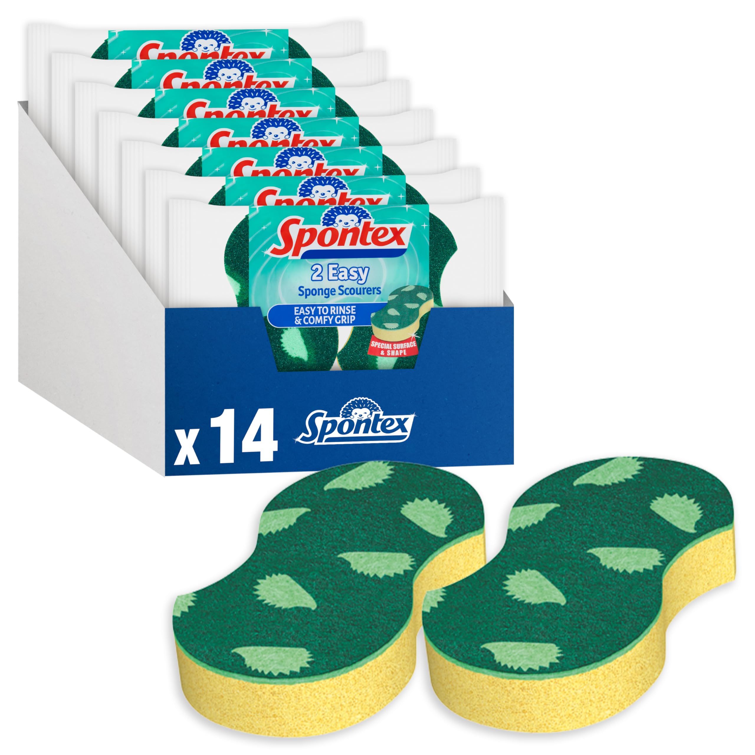 Spontex Easy Sponge Scourers - Hygienic Rinse Surface, Lemon Scent | 14 Count Pack