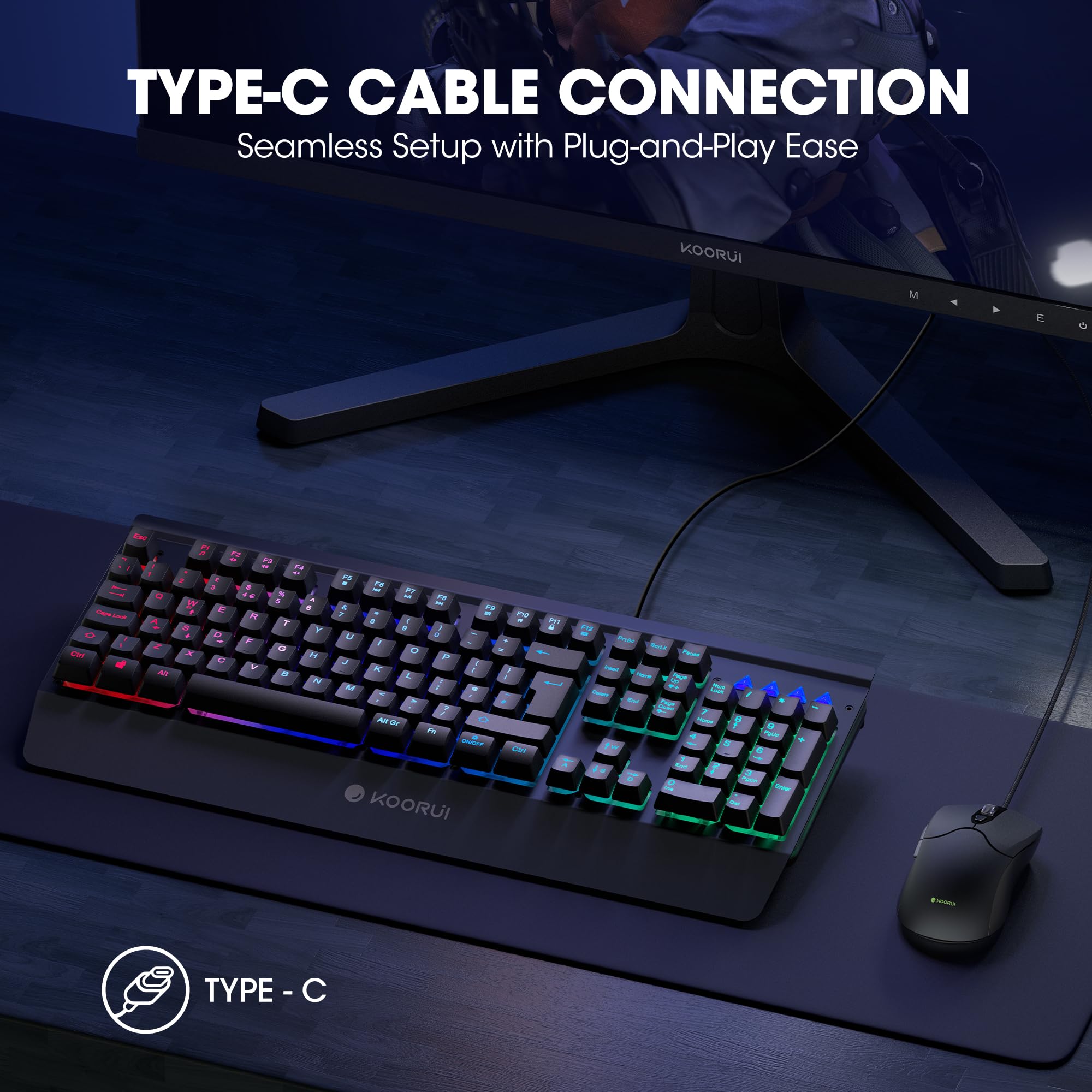 KOORUI Gaming Keyboard Mouse Set - 104-Key QWERTY Mechanical-Like Keyboard with Palm Rest & 6-Button Gaming Mouse, Black 7