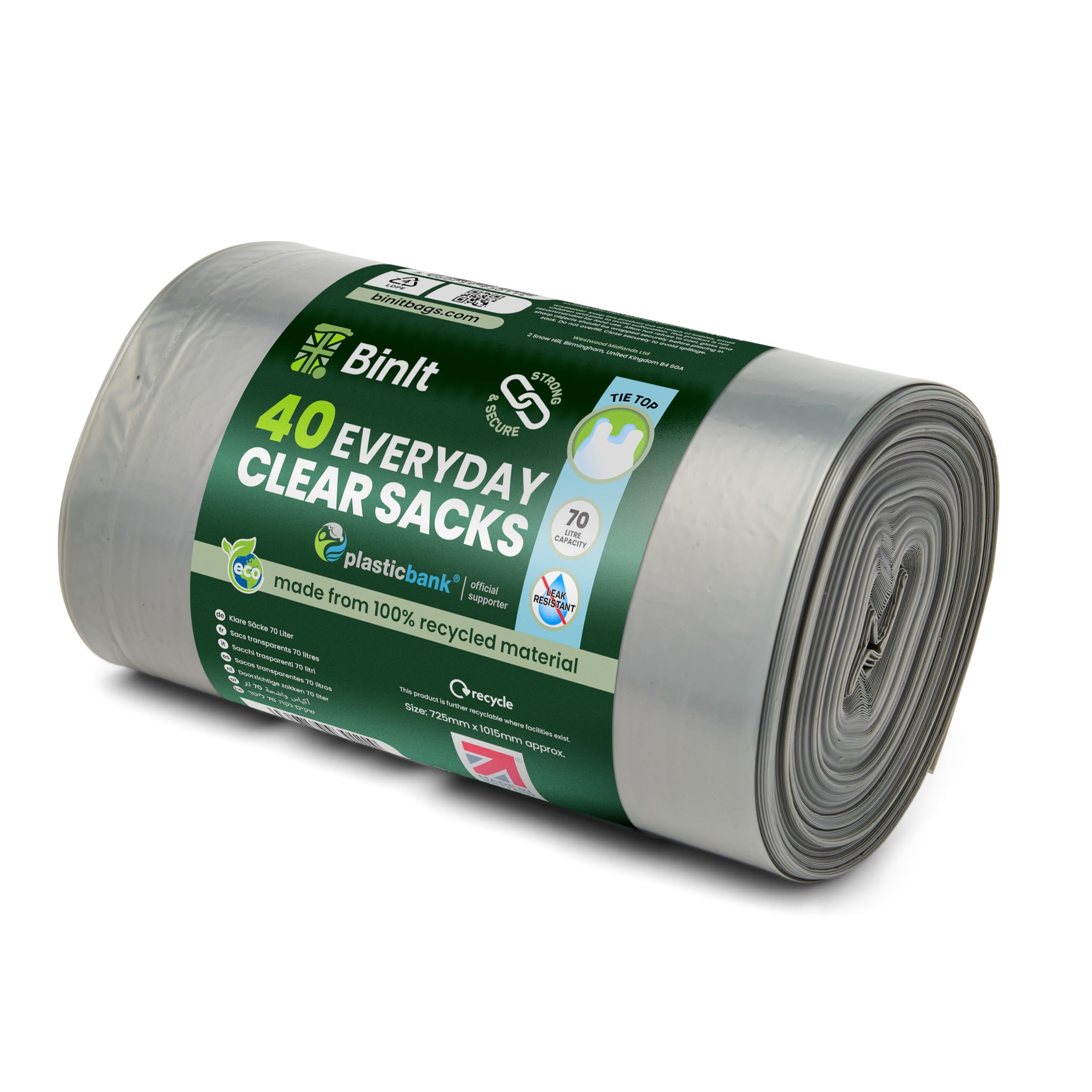 BIN IT Large 70L Clear Bin Liners - 40 Count Tie Top, Strong & Secure LDPE Bags 1