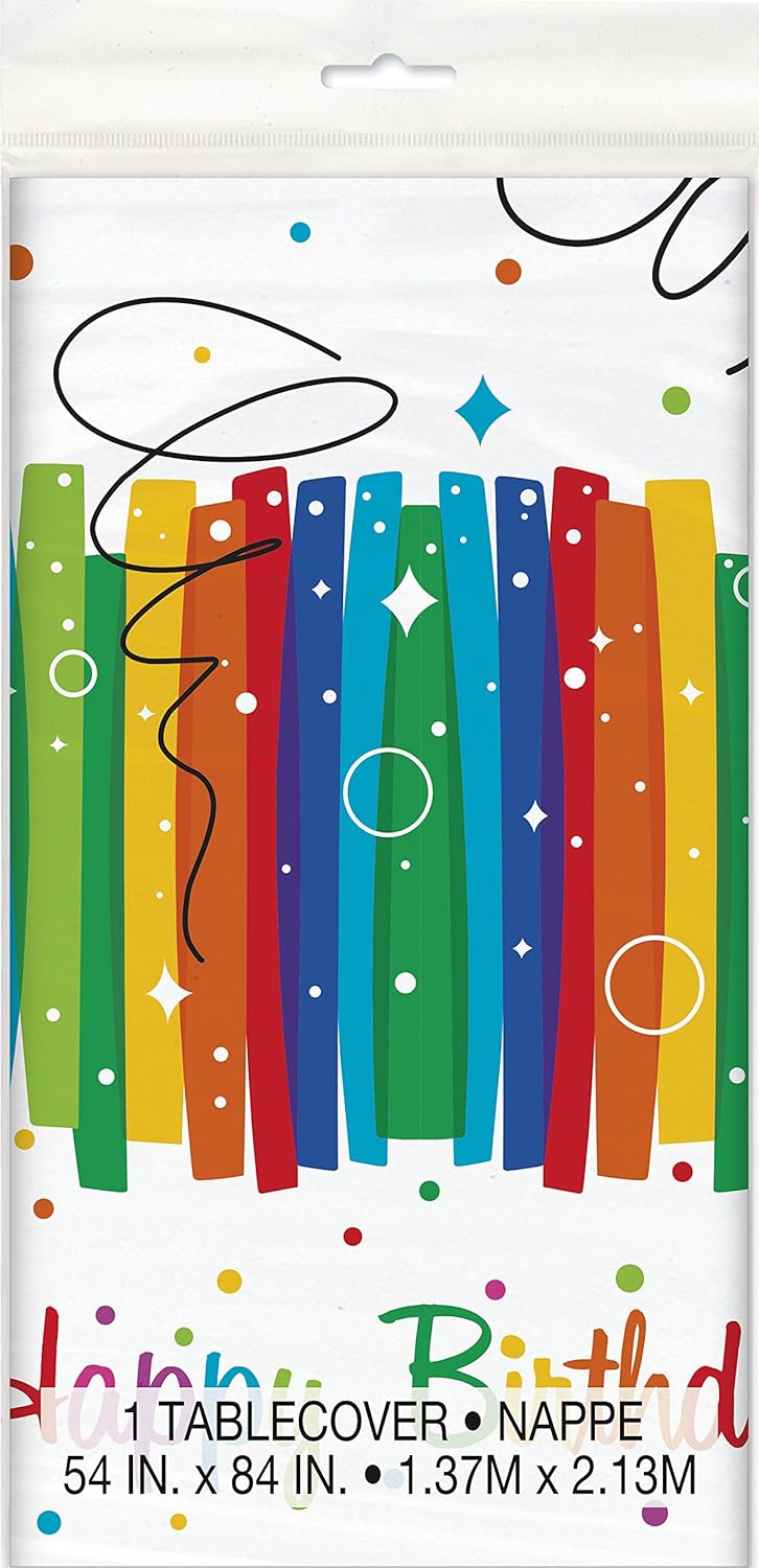 Plastic Rainbow Ribbons Birthday Tablecloth 7ft x 4.5ft - Rectangular Party Table Cover 1