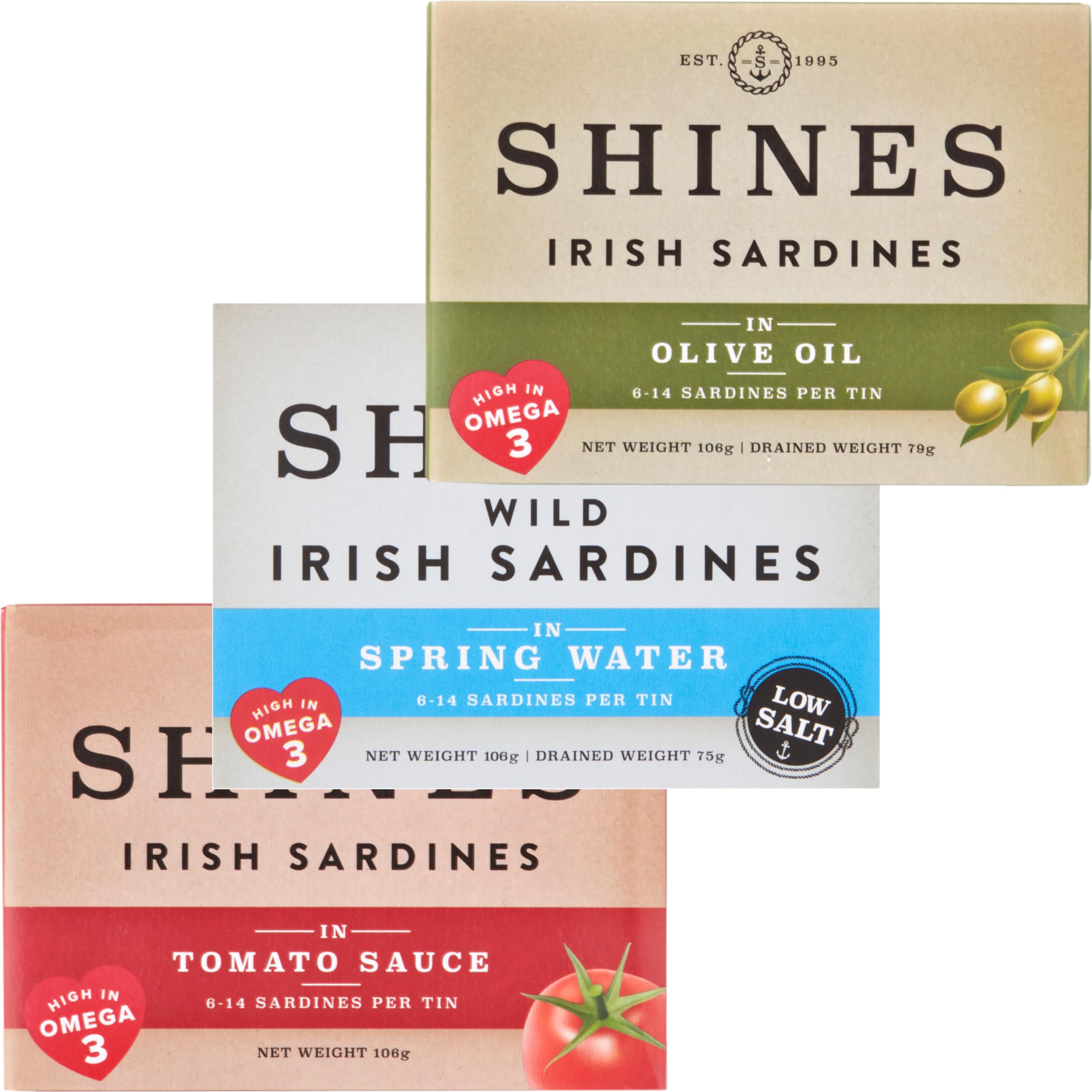 Shines Tinned Sardines in Olive Oil, Tomato Sauce & Spring Water - Whole Brisling Sardines, 3 x 106g 1