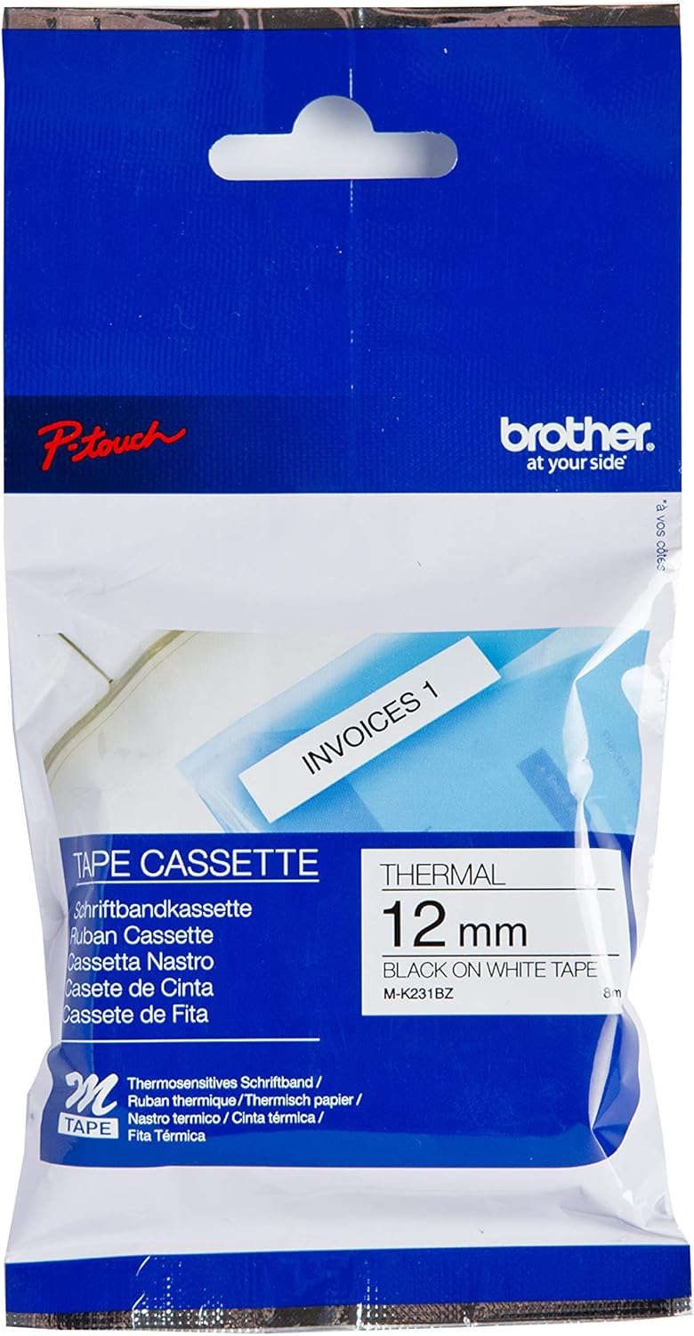 Brother - M-K231BZ Labelling Tape Cassette, Black on White, 12 mm (W) x 8 m (L), Brother Genuine Supplies