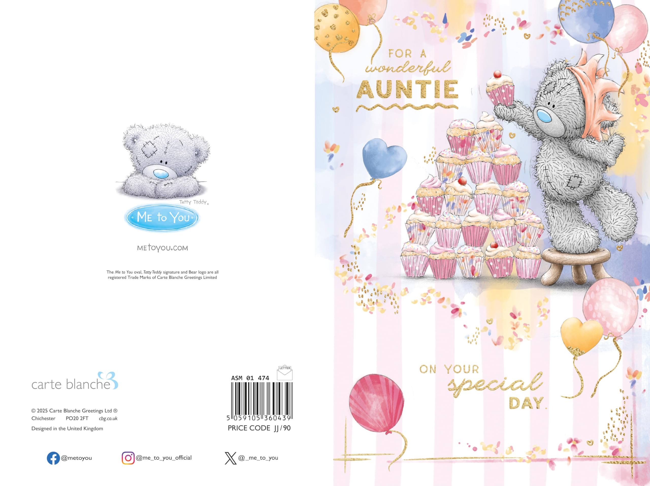 Me To You Tatty Teddy Wonderful Auntie Bear Stacking Cupcakes Luxury Gold Foil Birthday Card | 6 x 9 Inch