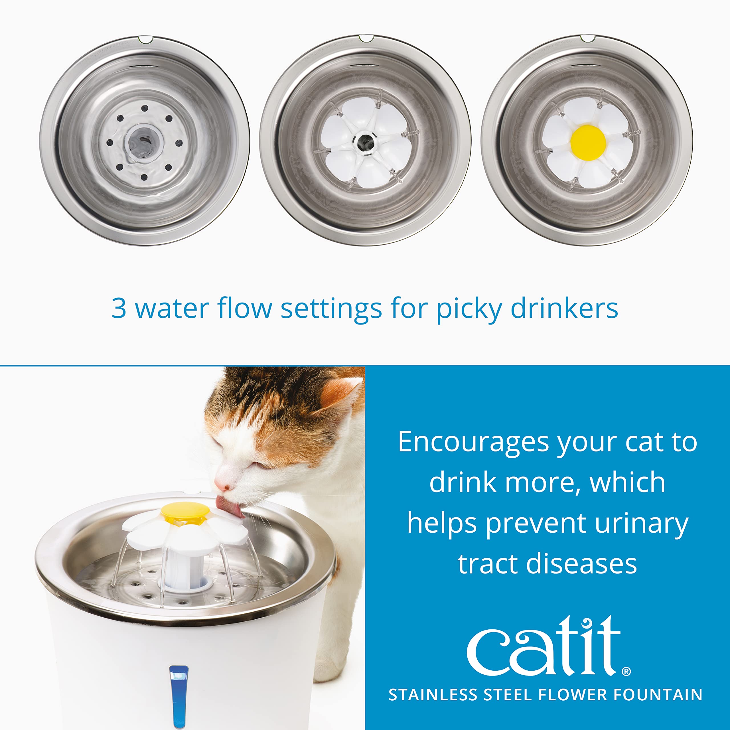 Catit Flower Stainless Steel Cat Water Fountain - 3 Flow Settings | Triple Action Filter | Dishwasher Safe Top 3