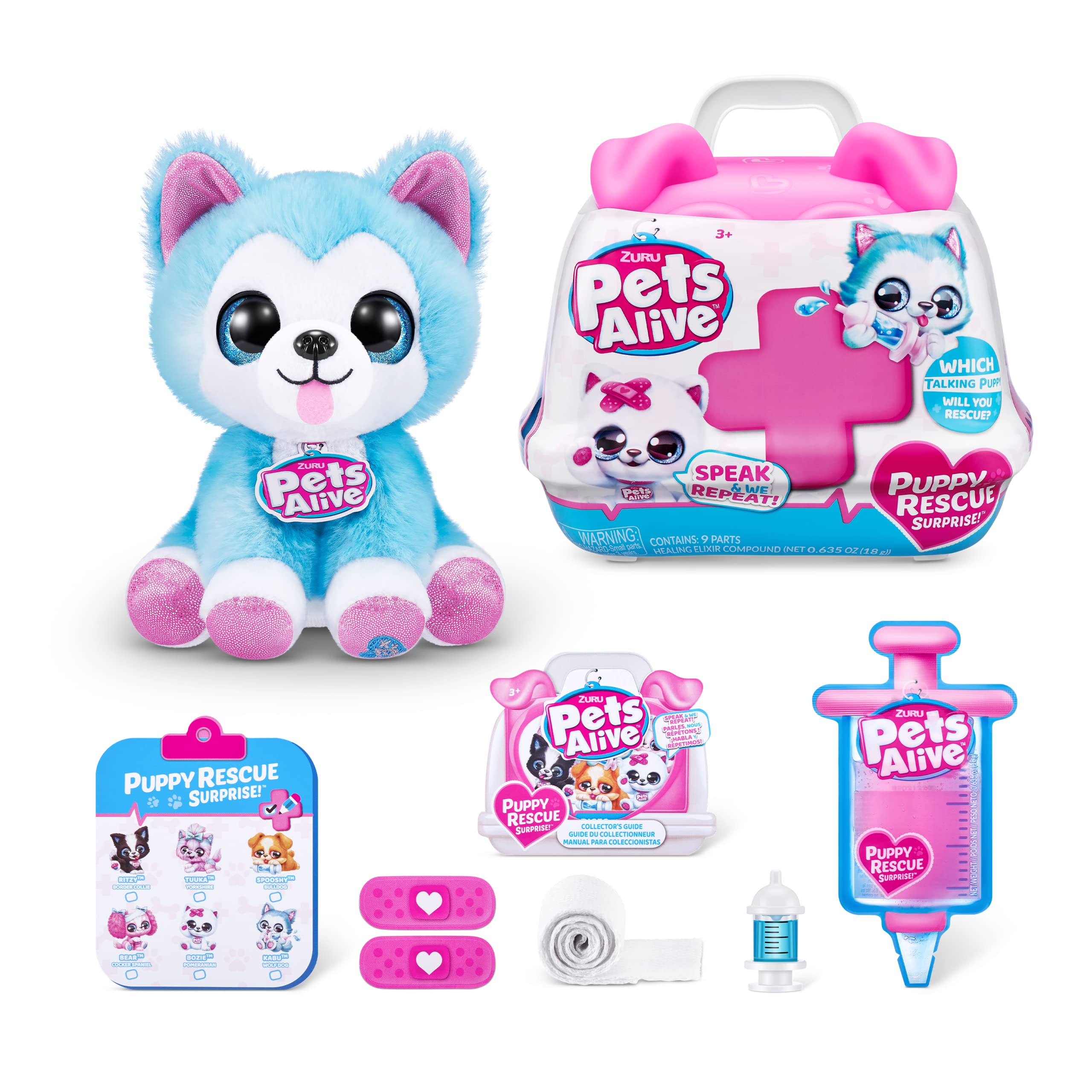 Pets Alive Puppy Rescue Wolf Dog Plush - Interactive Speak & Repeat Toy with Healing Kit, 6 to Collect 1