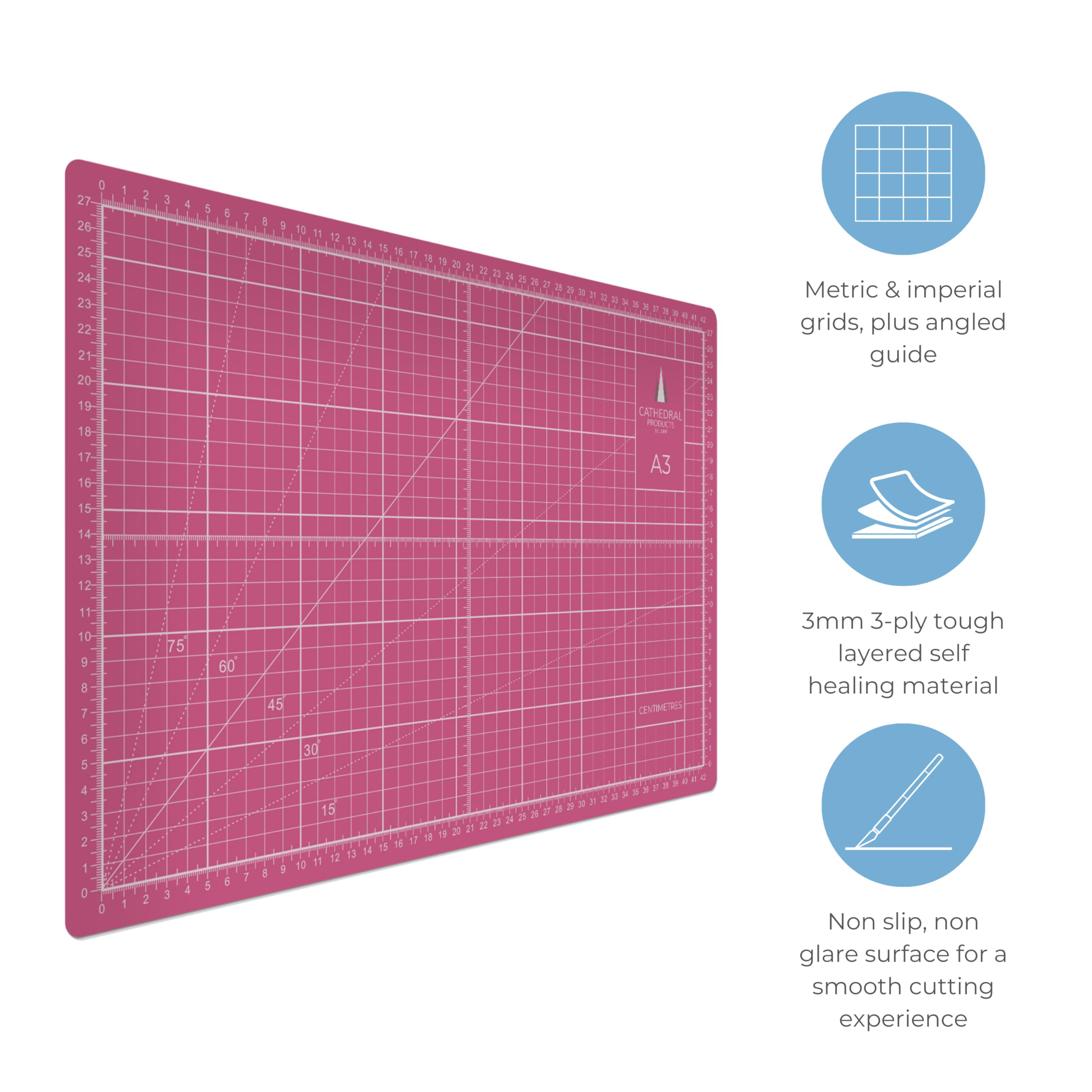 Cathedral Products A4 Double-Sided Self-Healing Cutting Mat | 3mm Thick | Pink 3