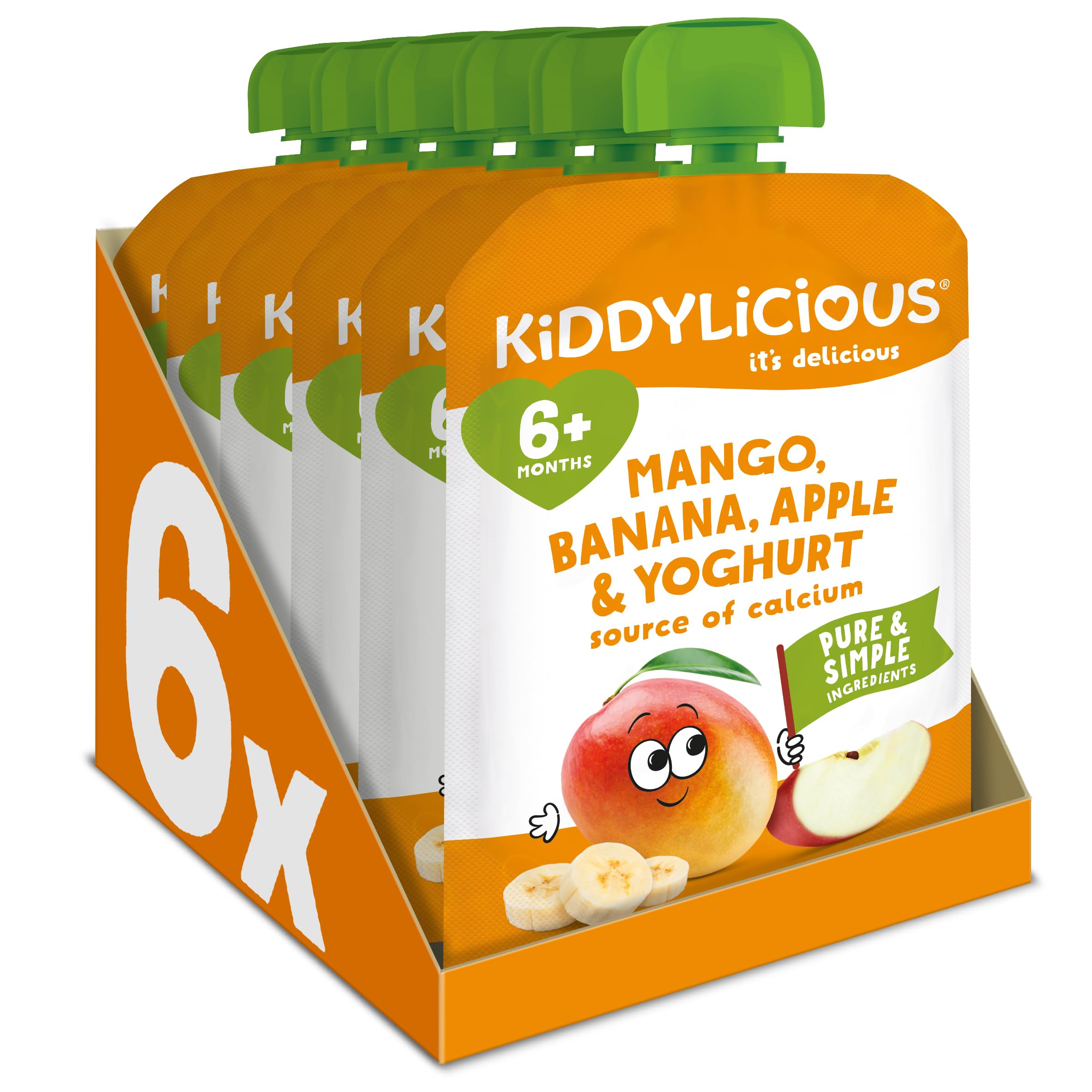 Kiddylicious Mango, Banana & Apple Fruit Pouches - 6 x 100g | Suitable for 6+ Months
