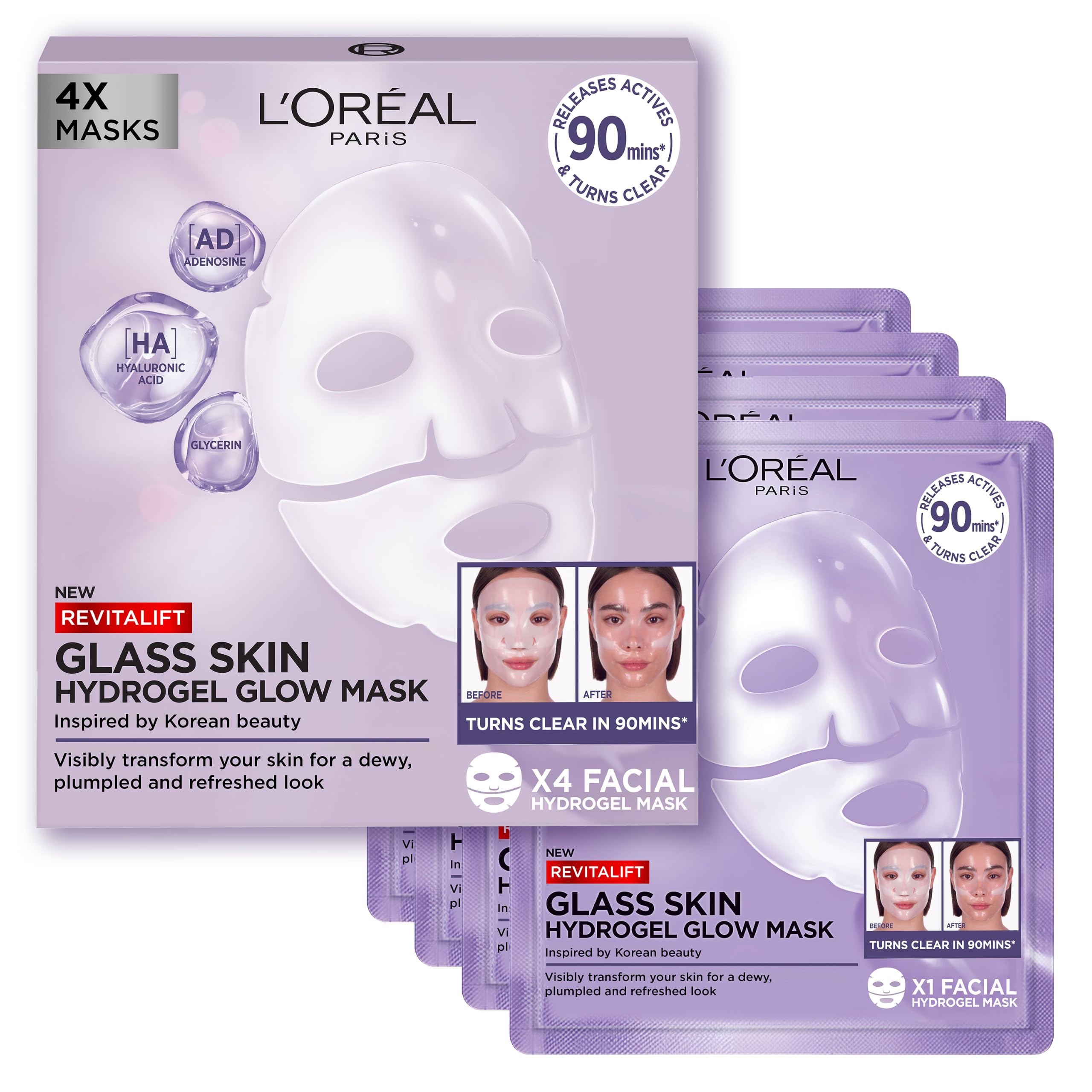 L'Oreal Paris Revitalift Filler Hydrogel Glow Mask - Glass Skin, Hydrating, Plumping Treatment (4 Pack)