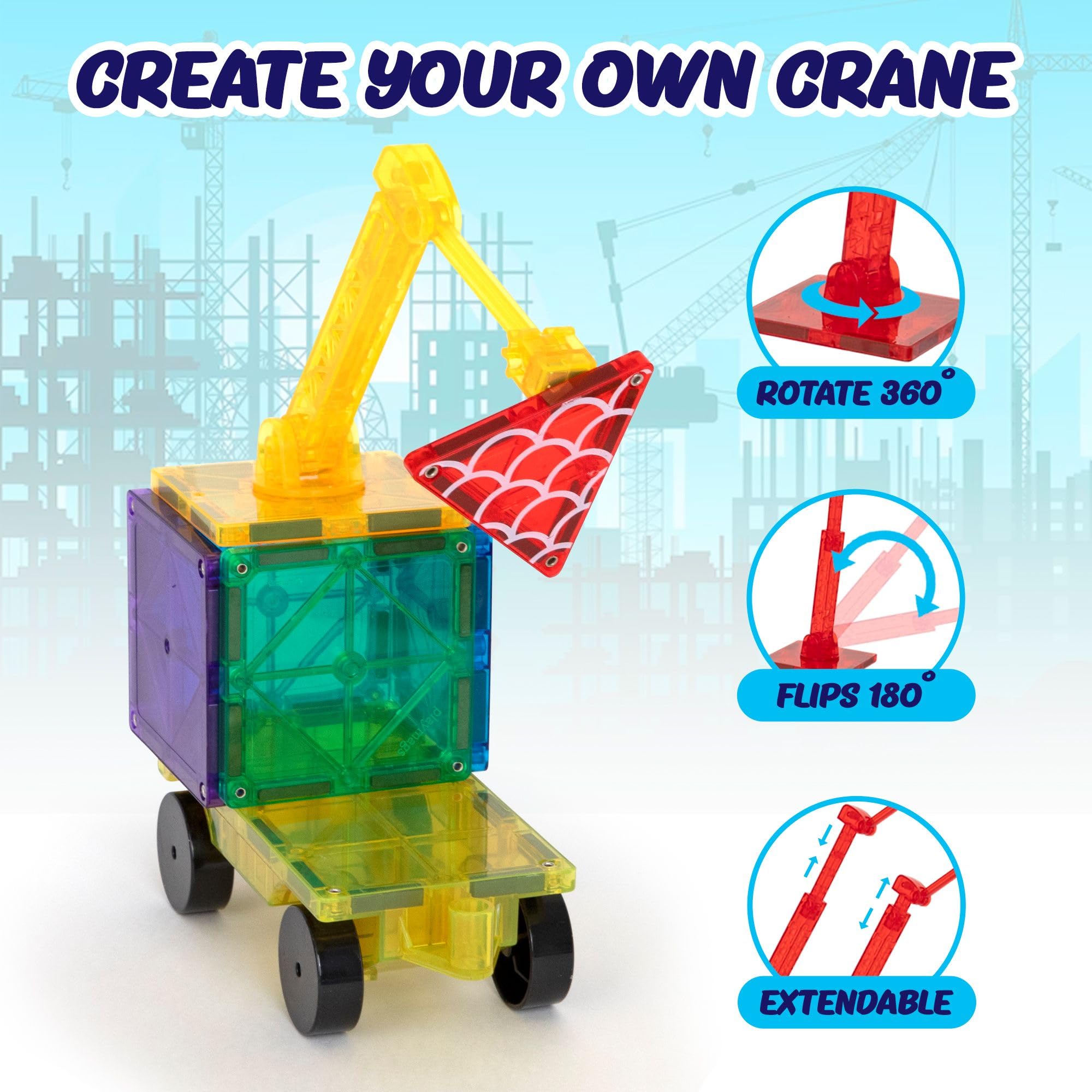 Playmags52-Piece City Construction Magnetic Tiles Set - STEM Building Toy for Kids3+ 4