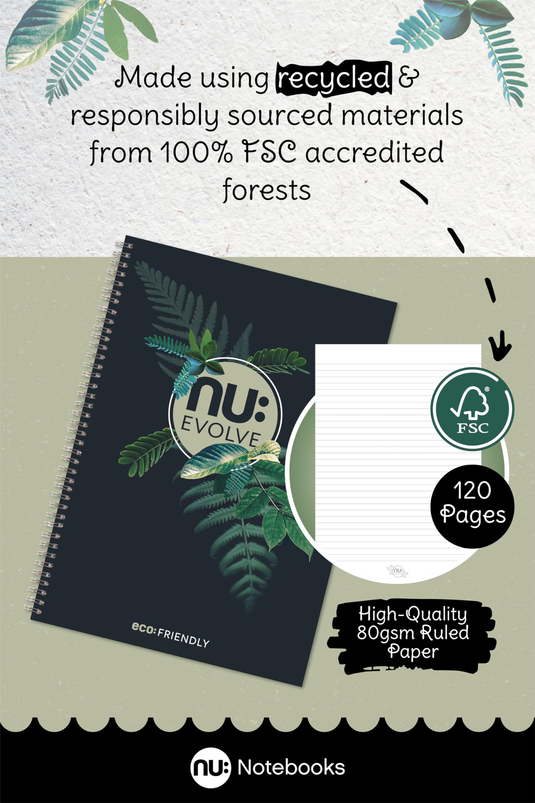 nu: Evolve Recycled A4 Wirebound Notebook - 3 Pack | Ruled | 80gsm Paper | Soft Cover