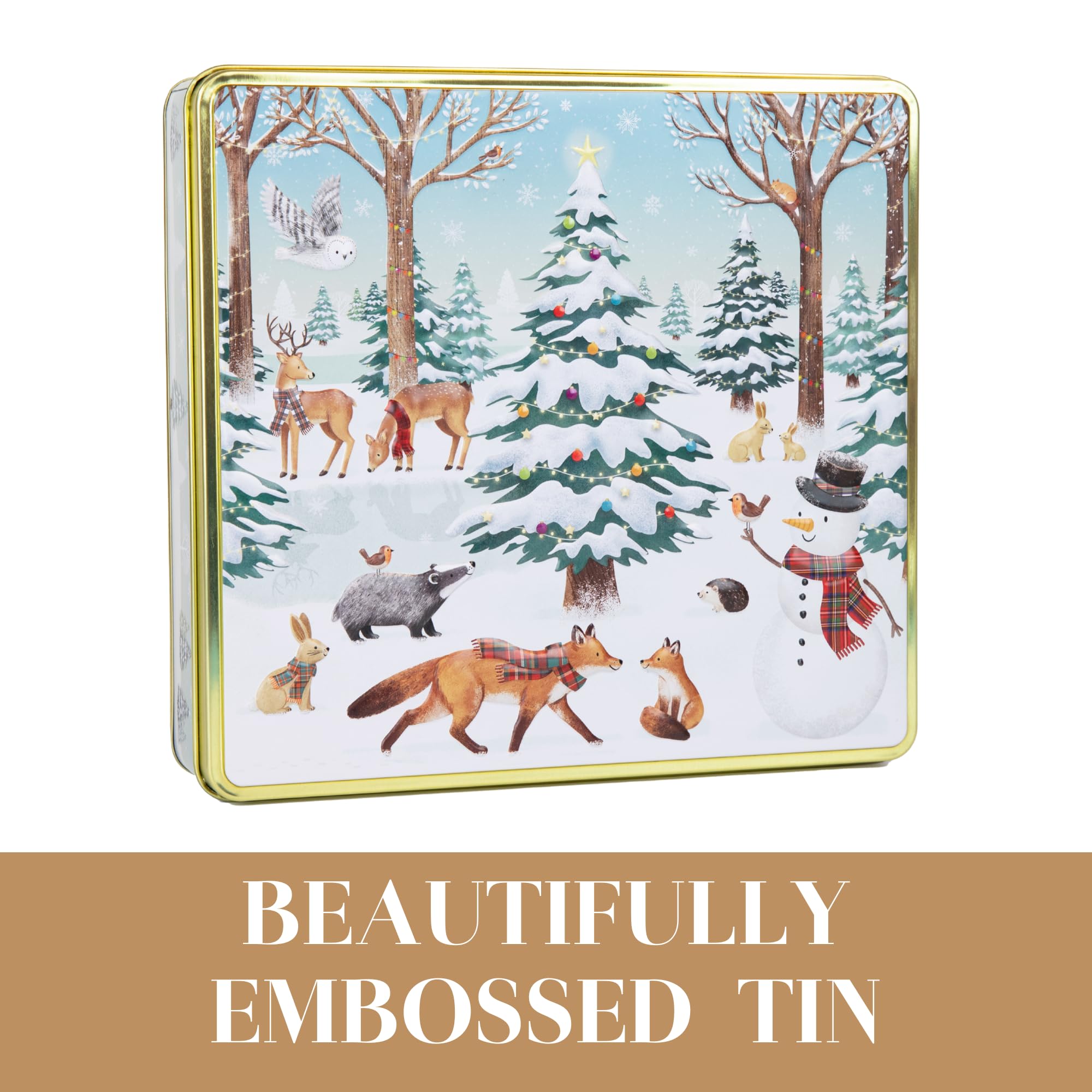 The Silver Crane co. Festive Forest Square Christmas Biscuits Tin with 3 Scottish Shortbread Flavors 2