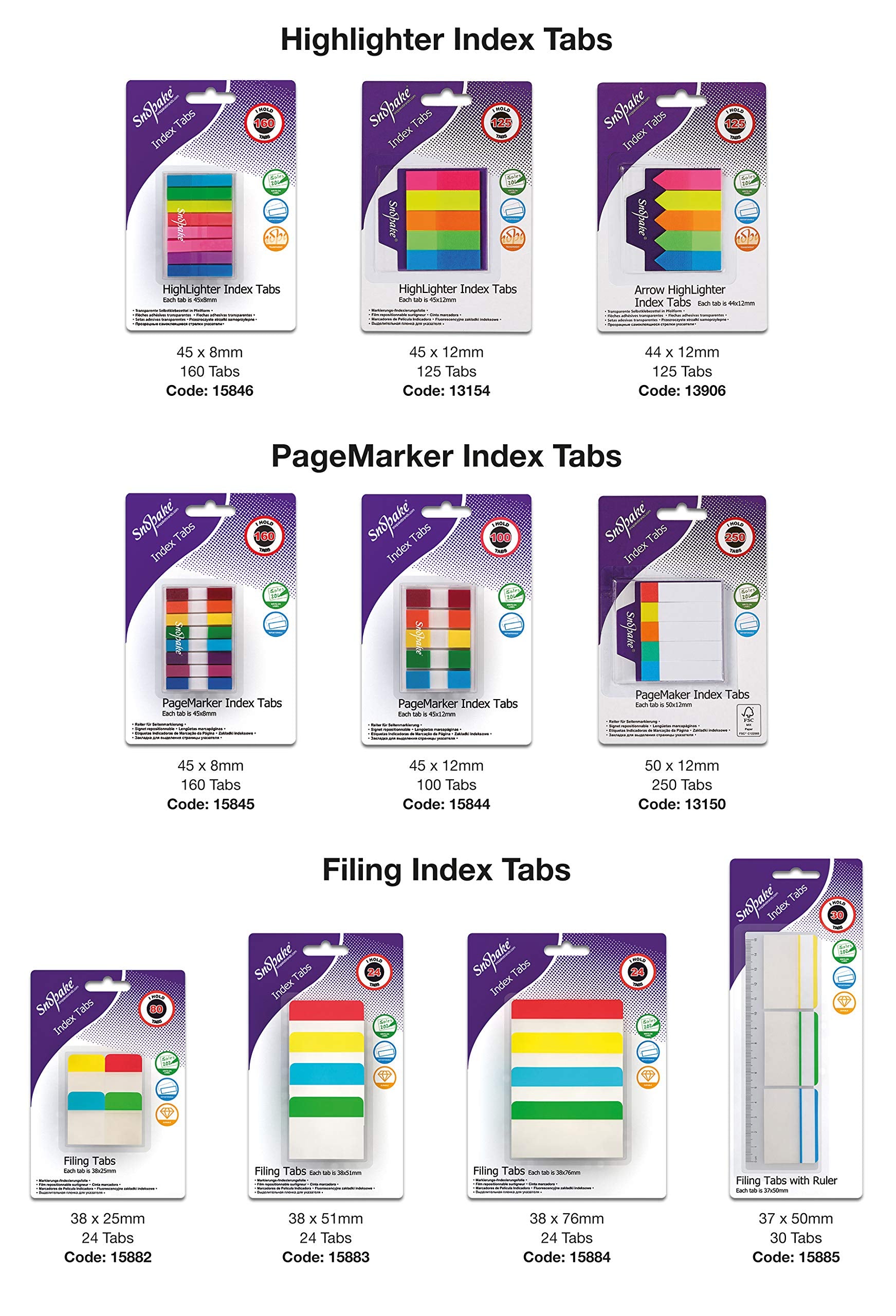 Snopake Transparent Arrow Index Tab Highlighters - 125 Tabs, 44 x 12mm | Assorted Colors