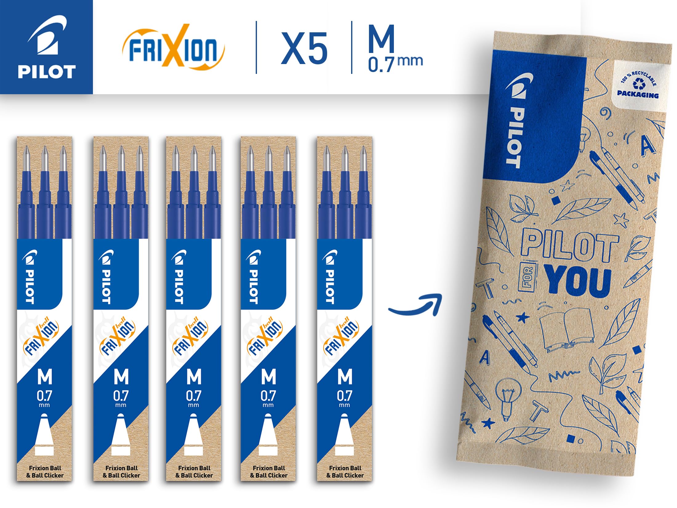 PILOT FriXion Rollerball Refill - 0.7mm Medium Tip, Erasable Gel Ink | 15 Count Blue 3