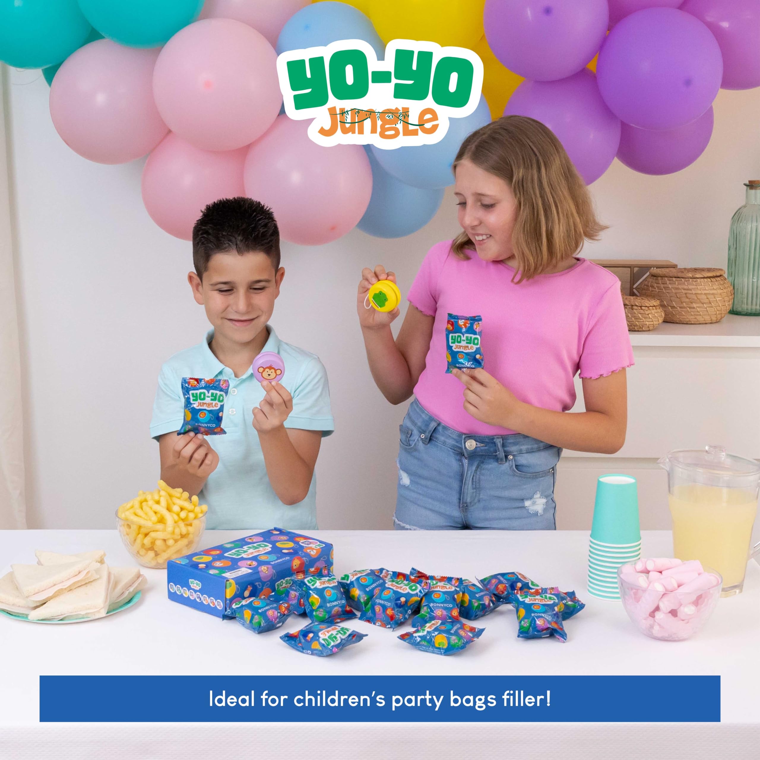 BONNYCO Wooden Yo-Yos - Pack of 16 | Jungle Animal Designs | Party Bag Fillers for Kids Ages 3+ 8