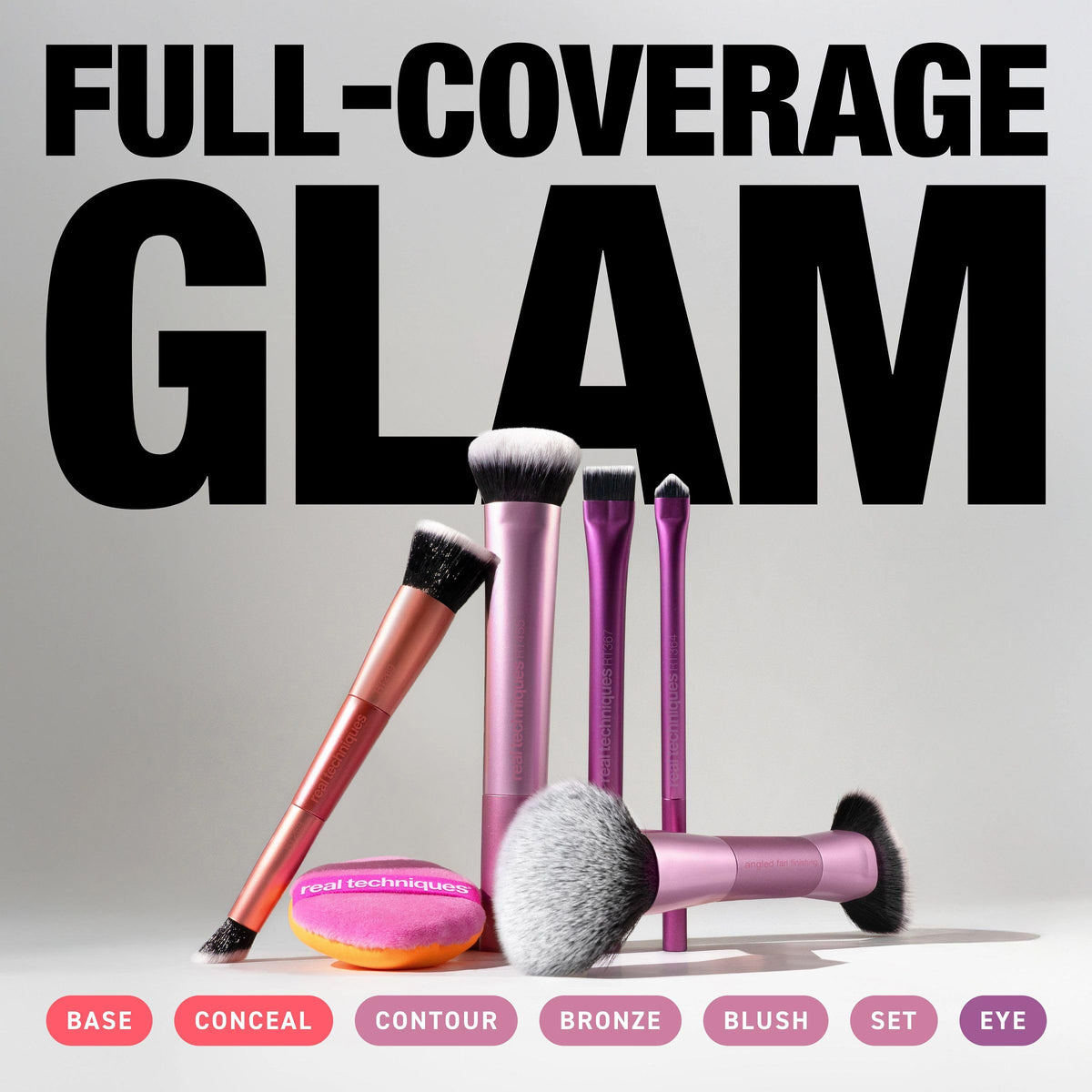 Real Techniques Big Blends Energy Brush Set + Dual-Sided Puff - 6-Piece Makeup Kit