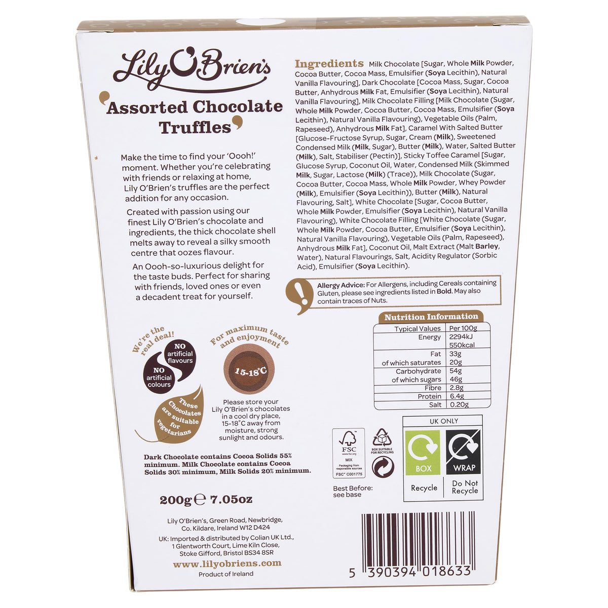 Lily O'Brien's Assorted Truffles - 200g Box | Milk, Dark, Salted Caramel & Vanilla Flavours