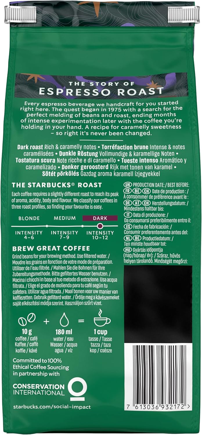 STARBUCKS - Espresso Roast Dark Roast Whole Bean Coffee 200g (Pack of 6)