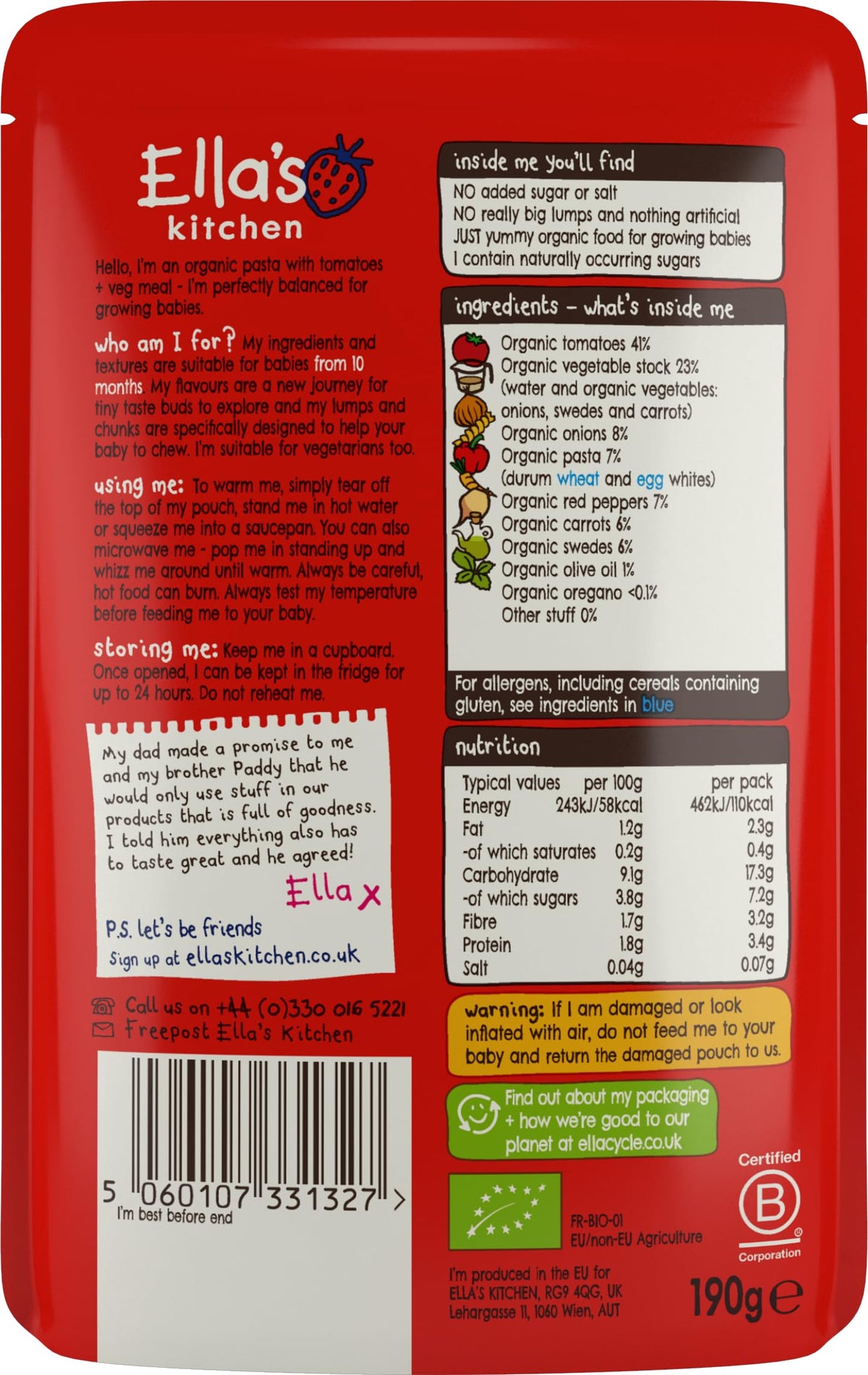 Ella's Kitchen Tomato-y Pasta Savoury Meal - Organic, 190 g, Pack of 7, From 10 Months