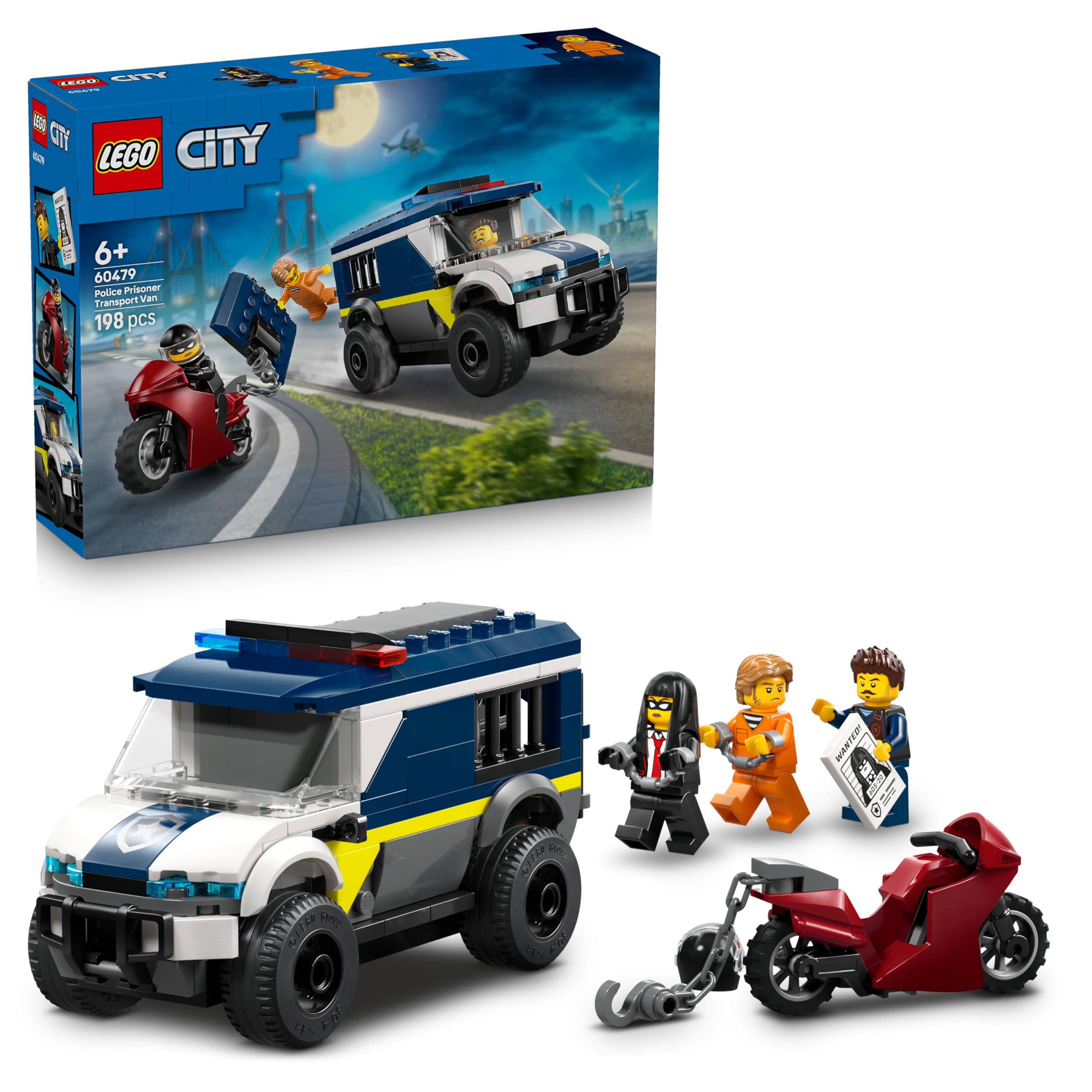 LEGO City Police Prisoner Transport Van Toy Set 60479 with Motorbike for Ages 6+