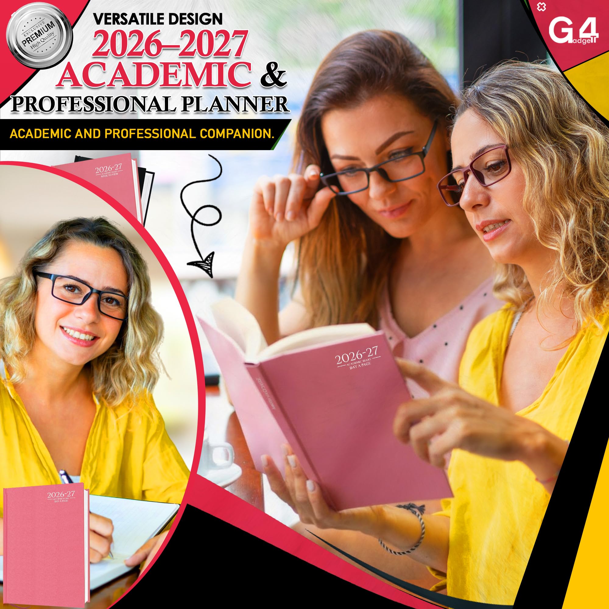 G4GADGET 2026-2027 Academic Diary - A4 Day A Page, Pink Hardback 4