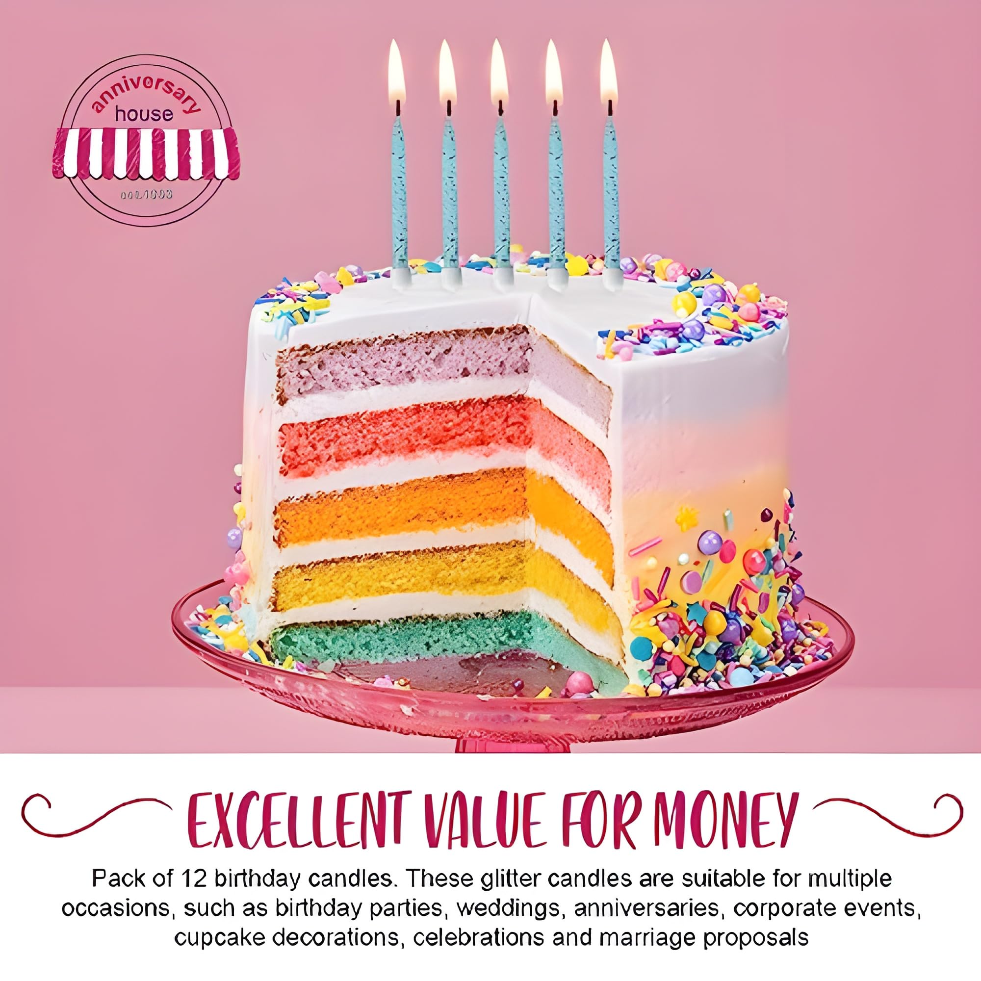 Anniversary House Pale Blue Glitter Birthday Candles Set of 12 with Holders | Unscented Wax | 7.5 cm 2