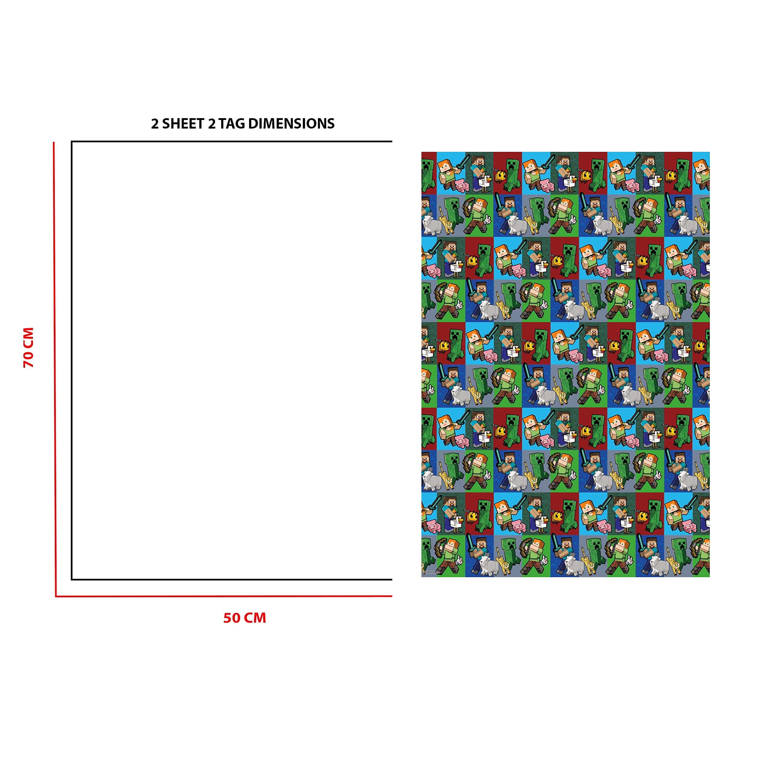 Minecraft Gift Wrapping Paper - 2 Sheets & 2 Tags | 70cm x 50cm Sheets | Officially Licensed