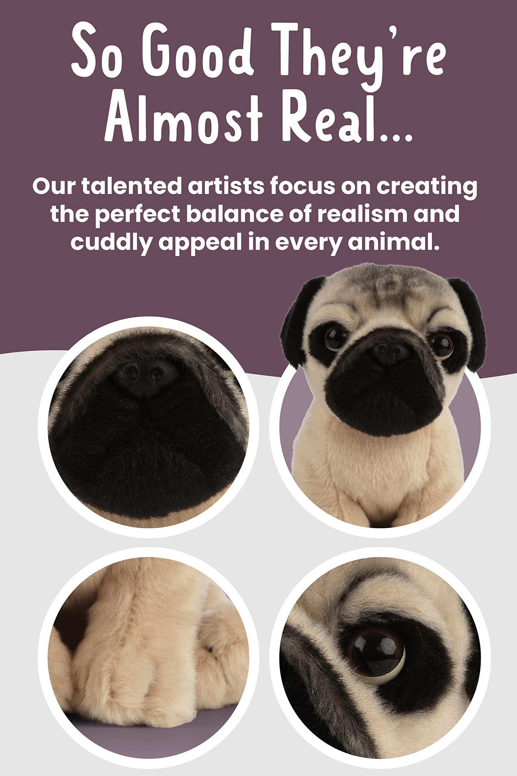 Keycraft Living Nature Pug Puppy Plush Toy - 16cm Tall | Eco-Friendly | Highly Detailed 3