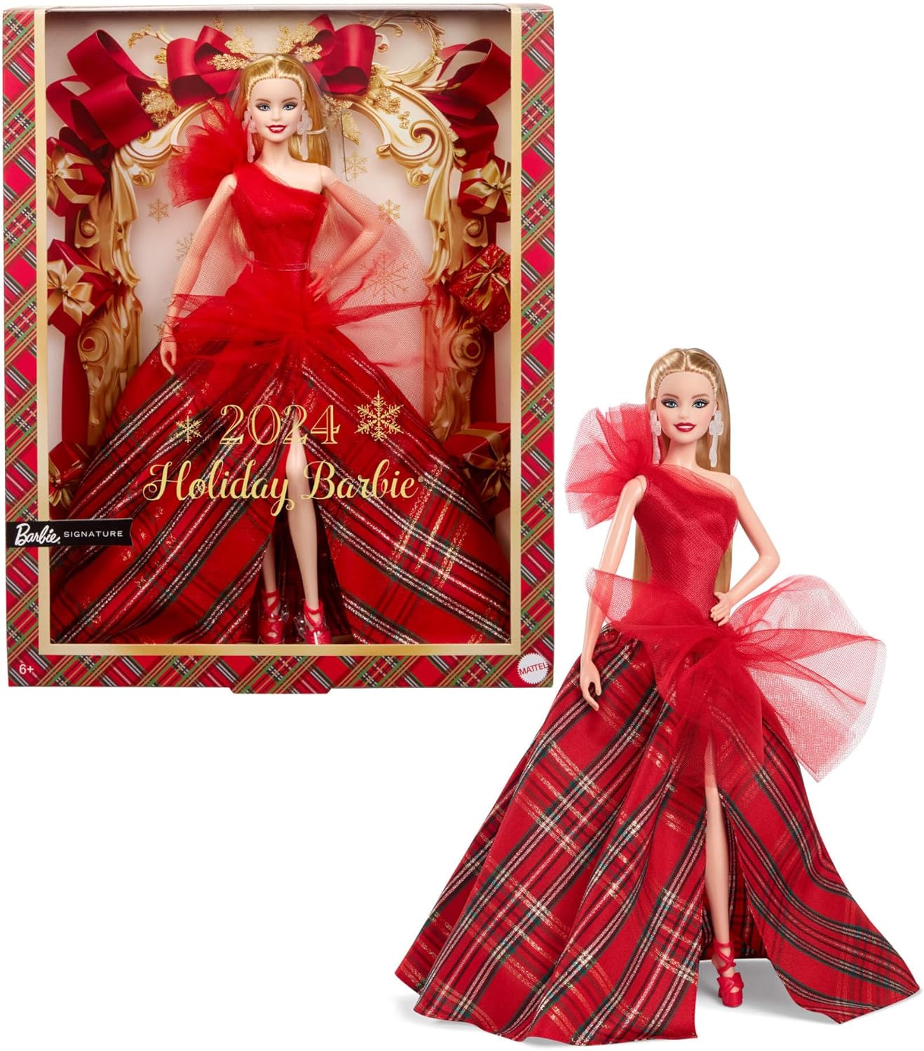 Barbie Signature 2024 Holiday Blonde Doll - Festive Plaid Gown Collectible for Ages 6+ 1