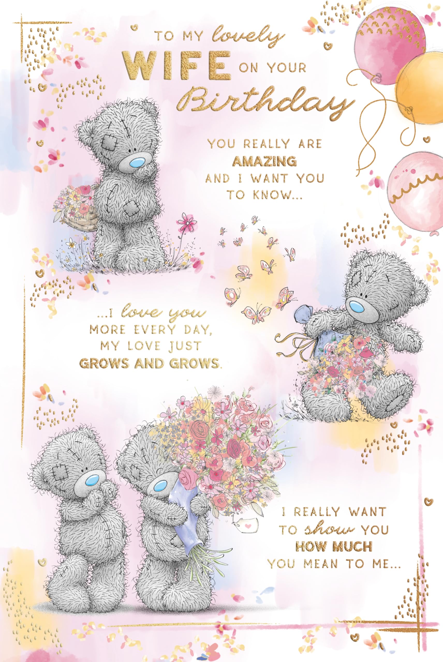 Me To You Tatty Teddy Lovely Wife Bear with Flowers Luxury Gold Foil Birthday Card | 6 x 9 Inches