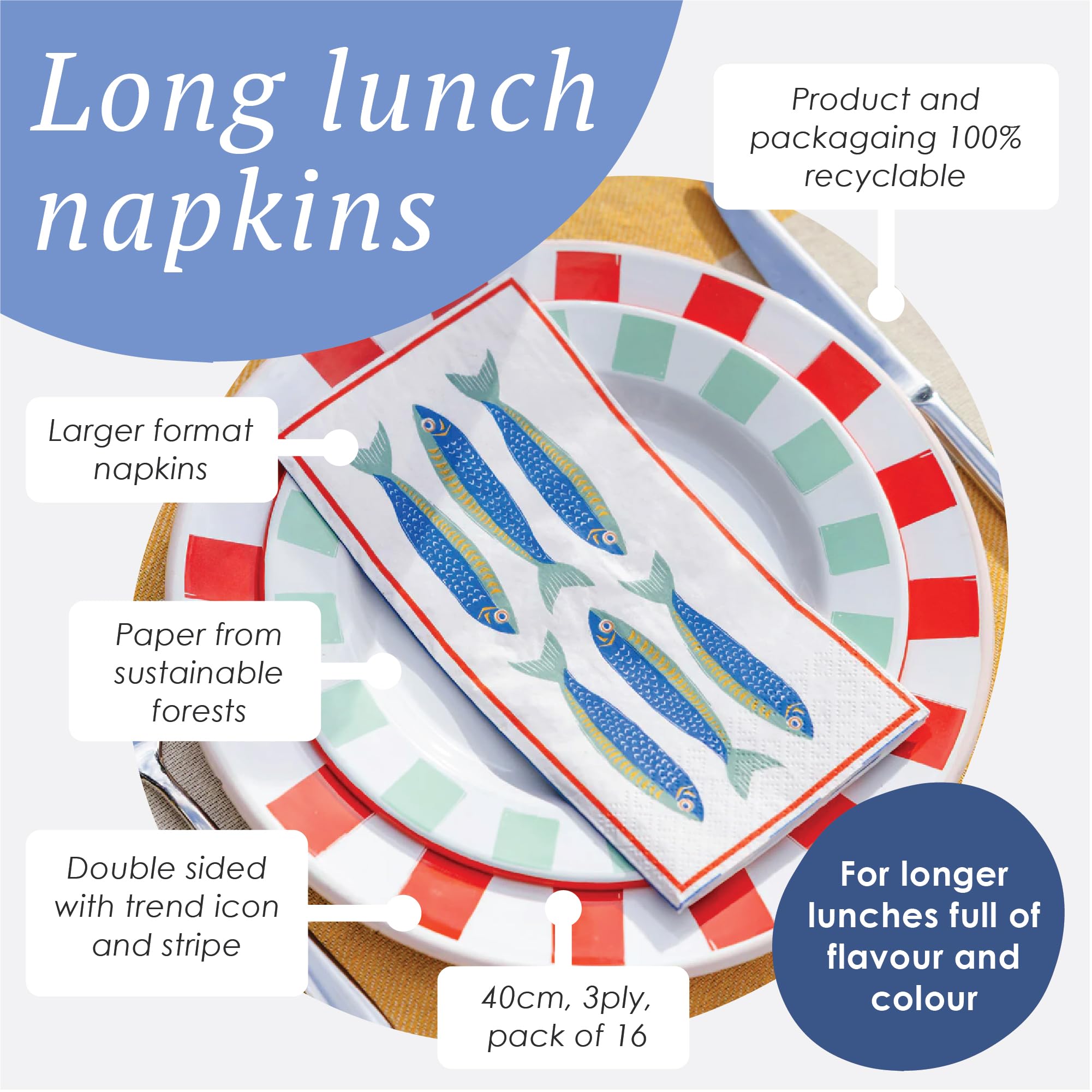 Talking Tables Premium Fish Themed Napkins - 16 Pack, 40cm x 40cm | FSC Recycled Paper 5