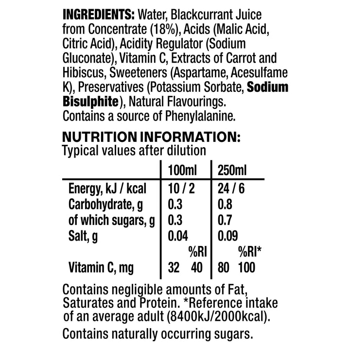 Ribena Blackcurrant Squash No Added Sugar 850ml – Real British Blackcurrant Juice