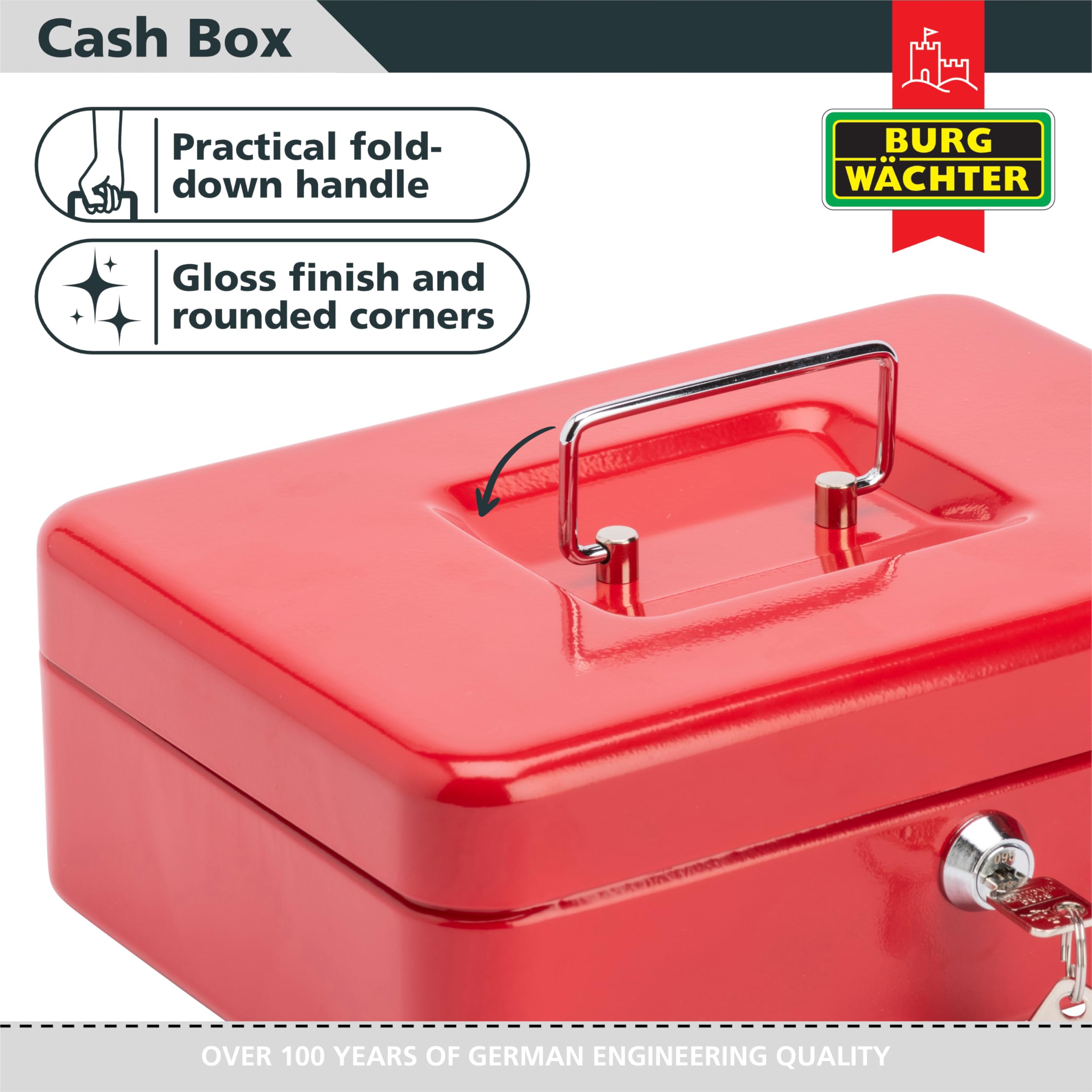 Burg-Wächter CB03R Cash Box - 10' Size | Key Lock | Red Metal Construction 3
