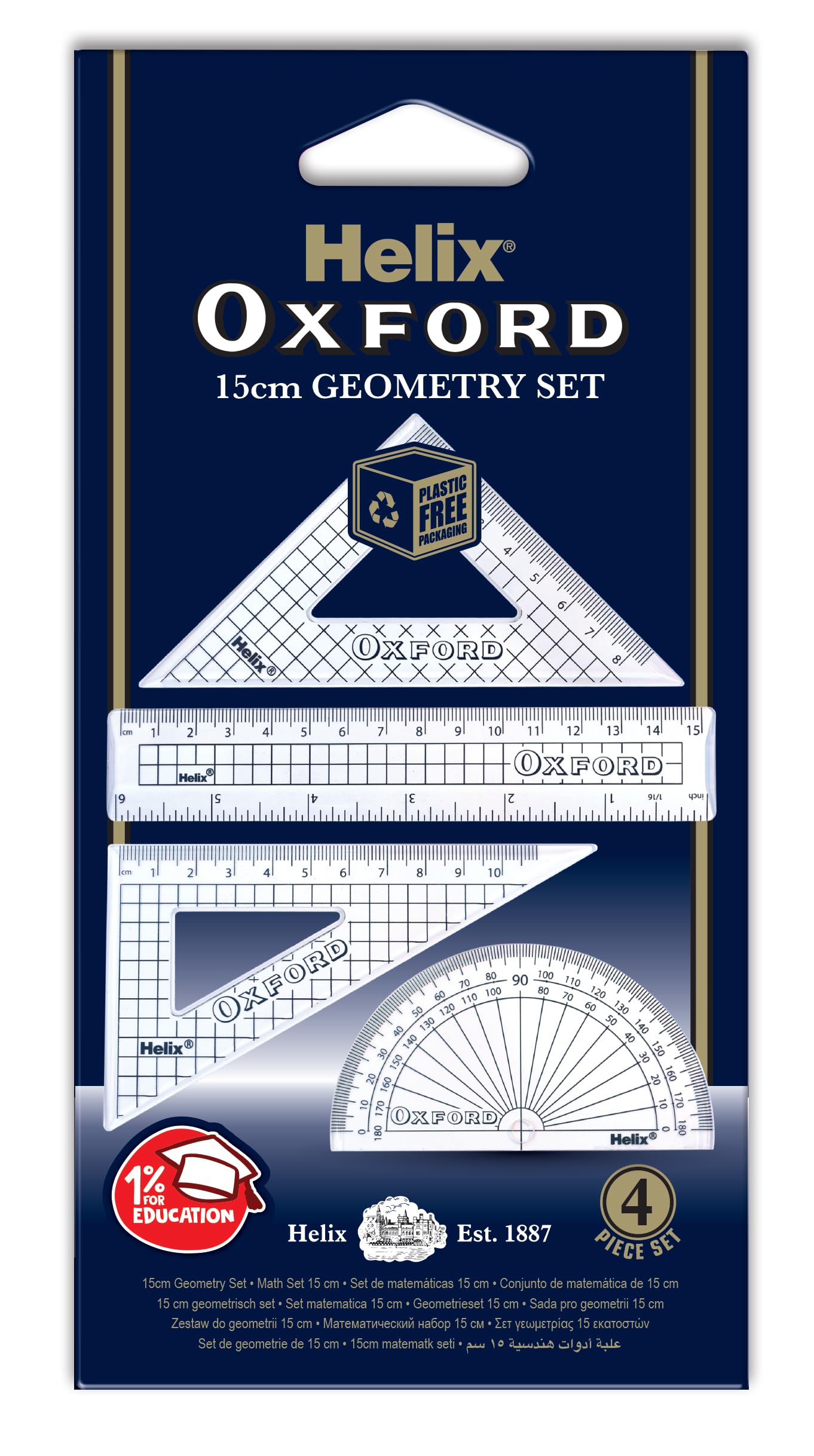 Helix Oxford Geometry Set - 15cm Rule, Protractor, Set Squares | Clear