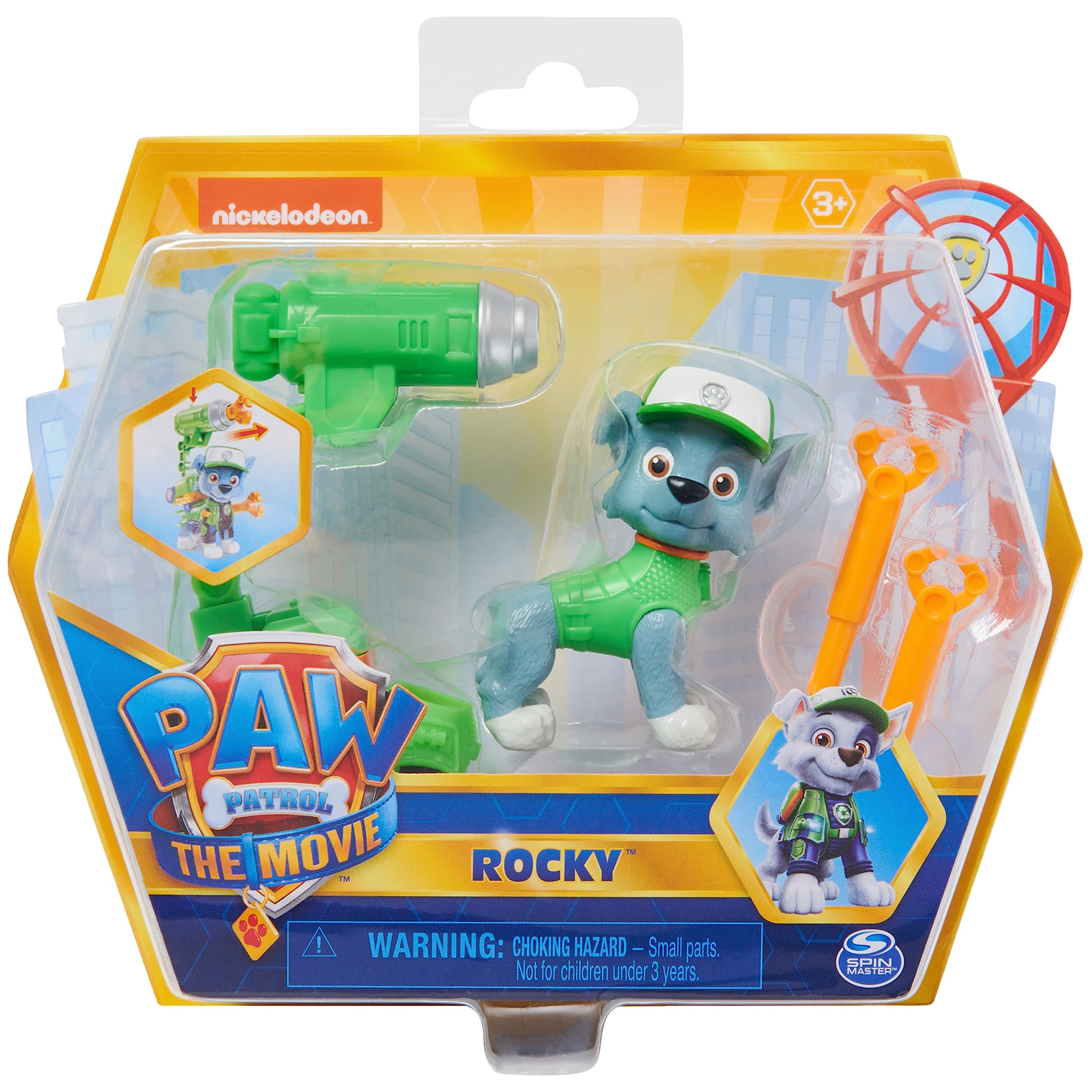 Paw Patrol Rocky Action Figure with Clip-on Backpack and 2 Projectiles - Movie Collectible Toy for Kids 3+ 5