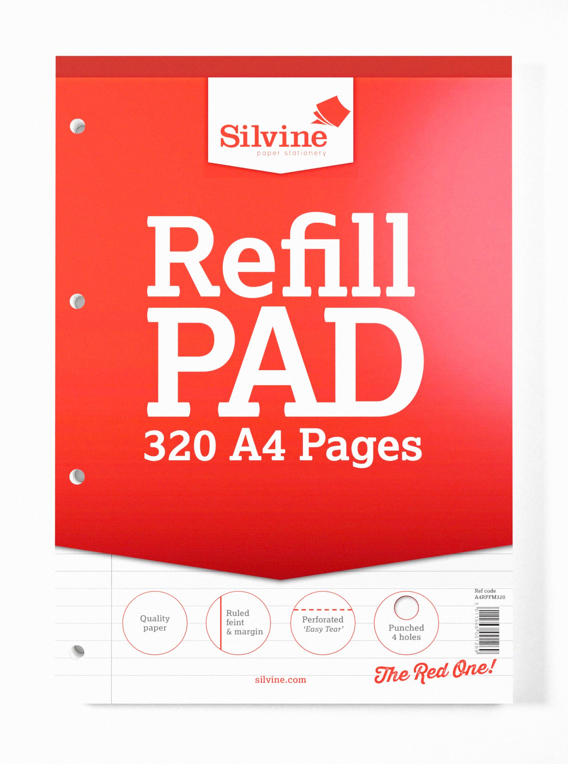 Silvine A4 Refill Pad - 320 Pages Lined with Margin | 75gsm Paper | 4-Hole Punched
