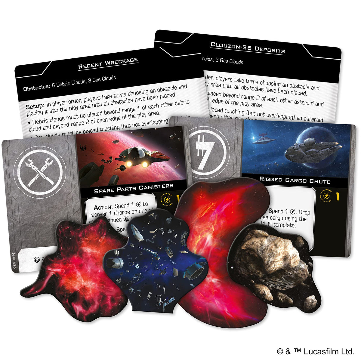 Atomic Mass Games Star Wars X-Wing Second Edition Never Tell Me the Odds Obstacles Pack | Environment Cards, Upgrade Cards, Strain Tokens