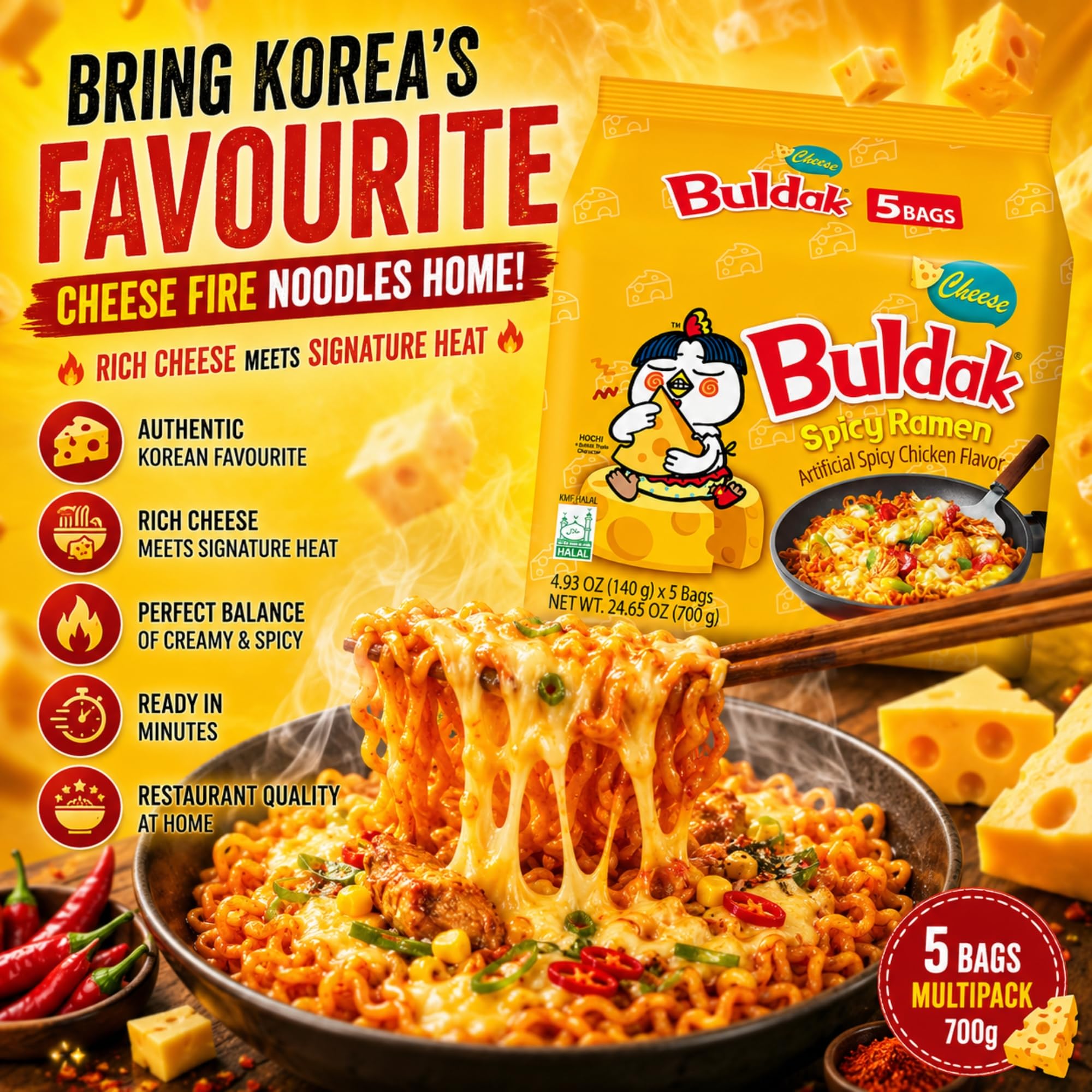 Buldak Noodles Cheese Spicy Chicken Flavor Ramen - 10 Pack 8