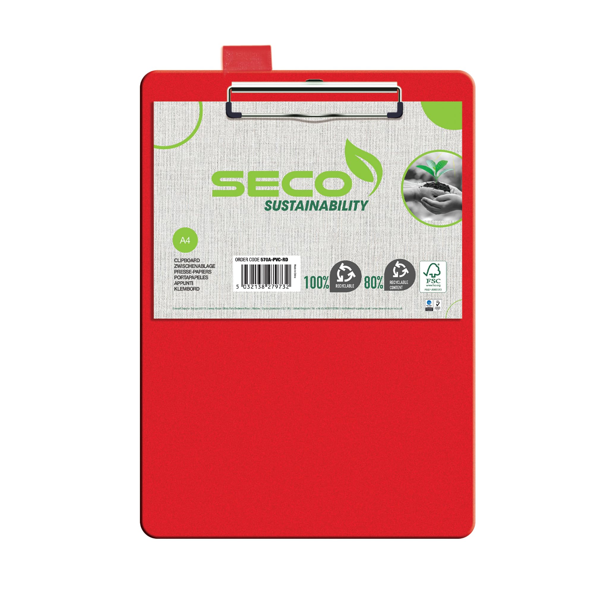 SECO Foldover Clipboard A4+ - Red | Durable PVC | Holds A4 & Foolscap 2