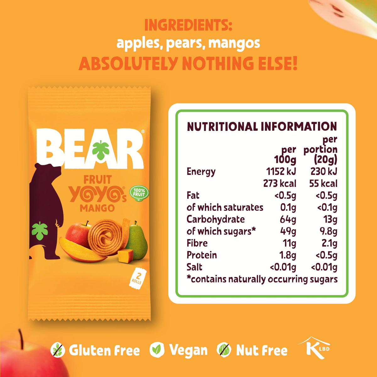 BEAR Mango Fruit Yoyos - 45 x 20g, No Added Sugar