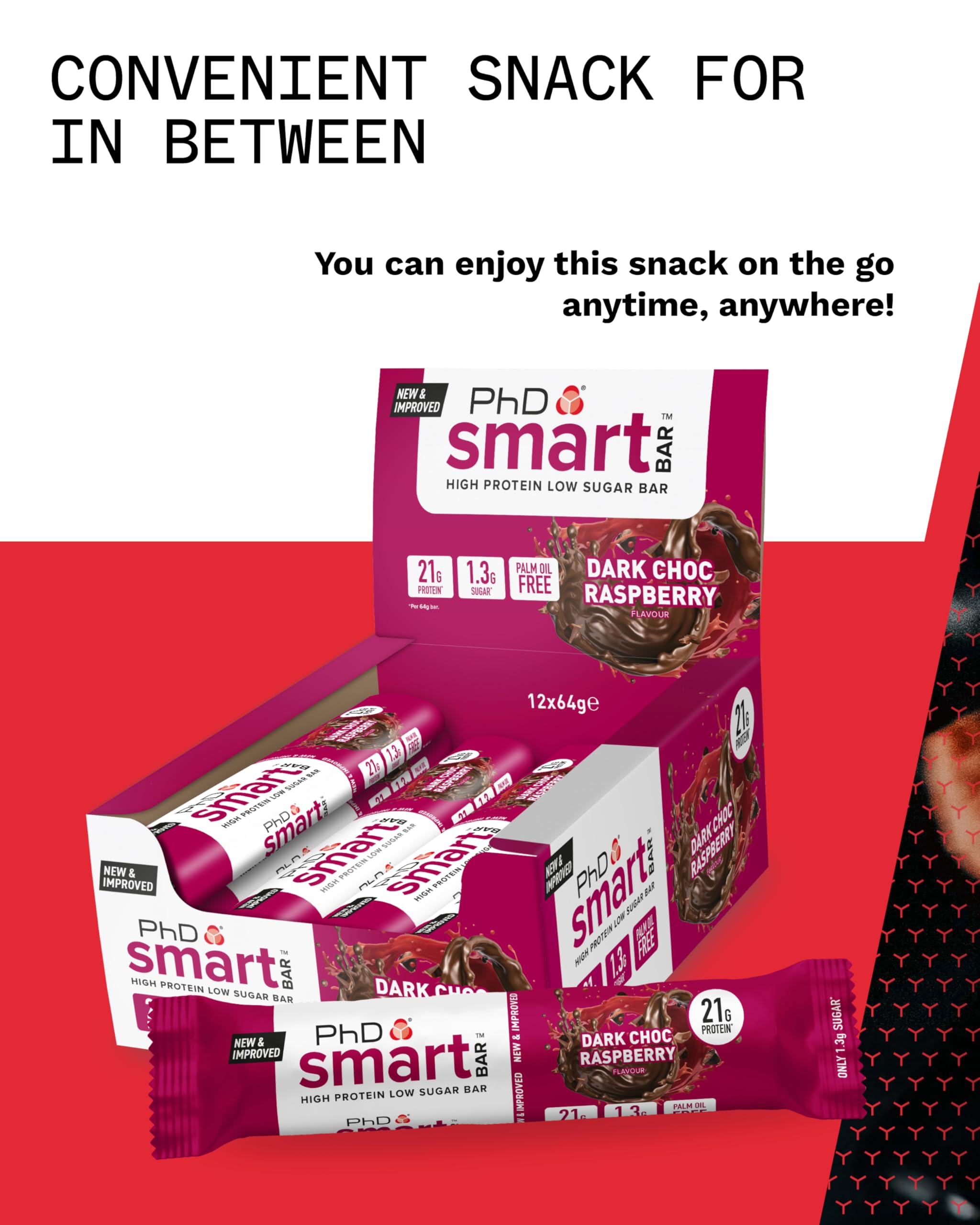 PhD Smart Protein Bar Low Sugar, Chocolate Raspberry Flavour, 21g Protein, 64g Bar (12 Pack) 4