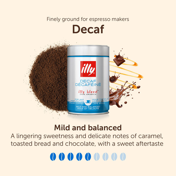 illy Coffee - Decaffeinated Ground Coffee, Medium Roast, 100% Arabica, 250g