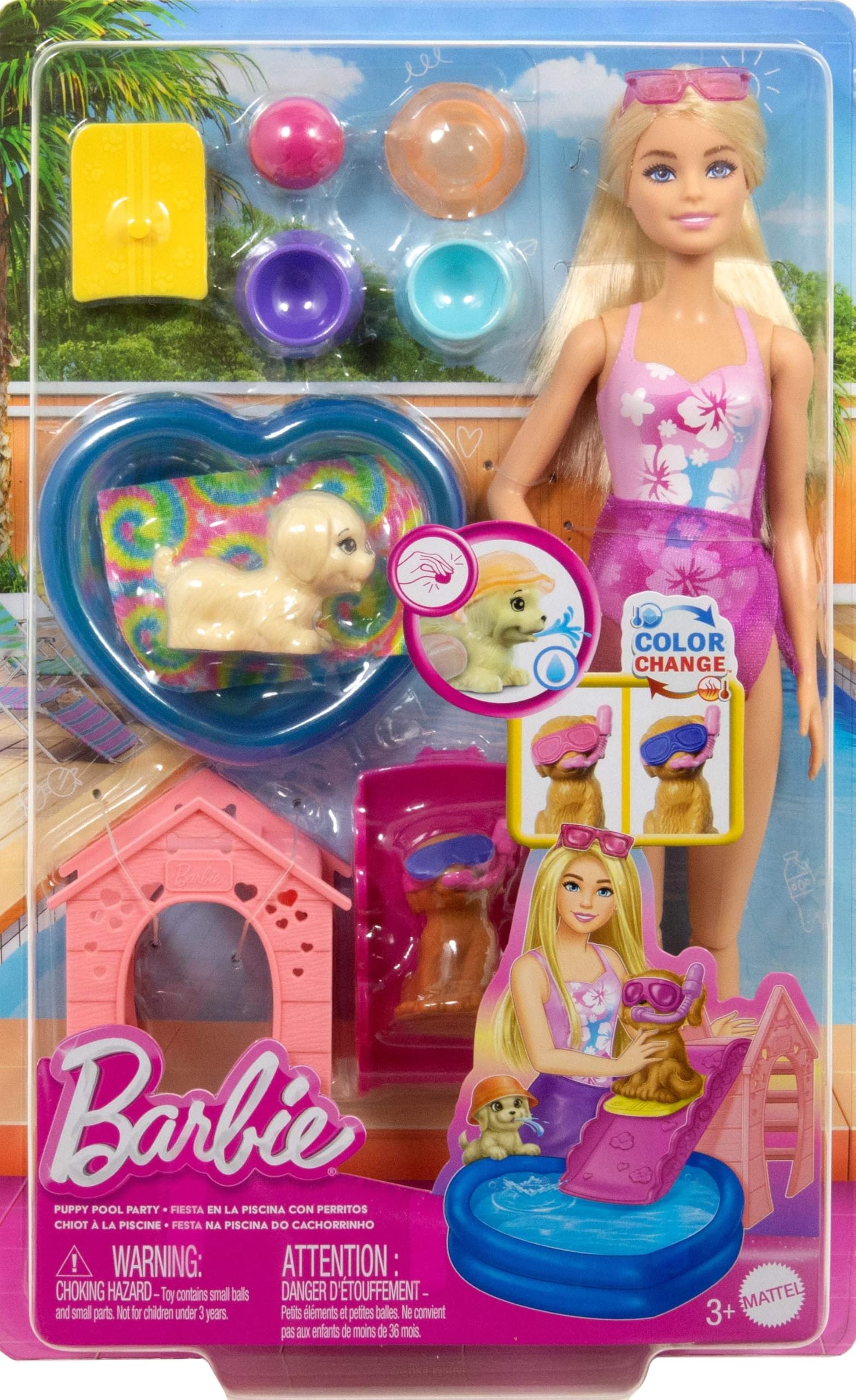 Barbie Puppy Pool Party Playset with Fashion Doll, 2 Pets, Doggy Slide & Color-Change Goggles 6